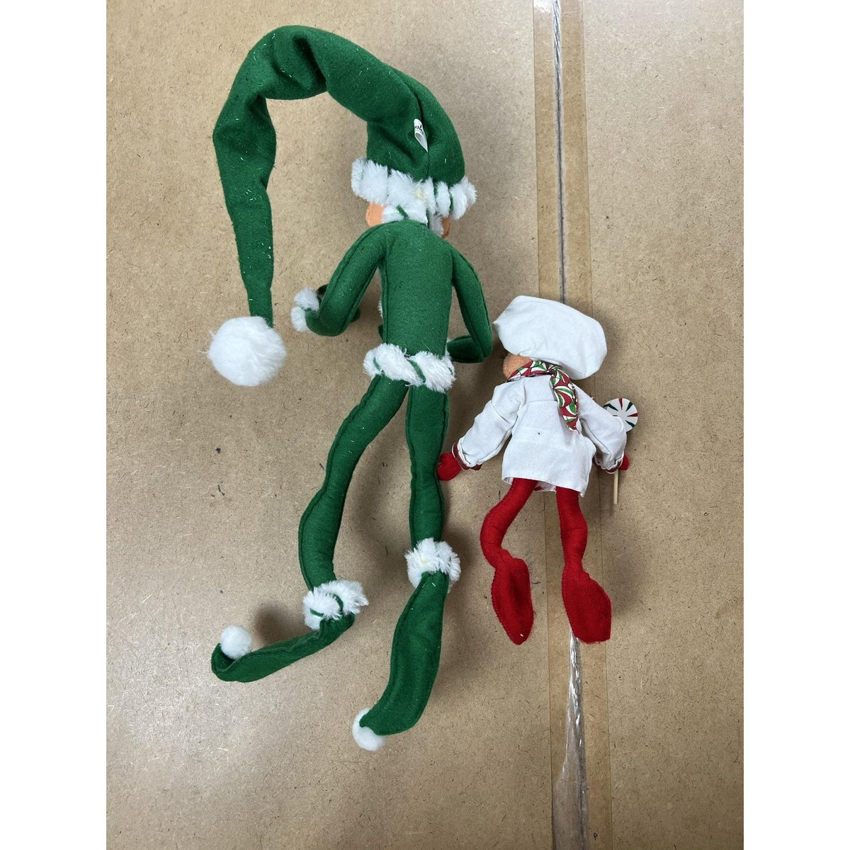 Christmas Elf Ornament Set Of 2 Green White Red Dangle Glitter Holiday