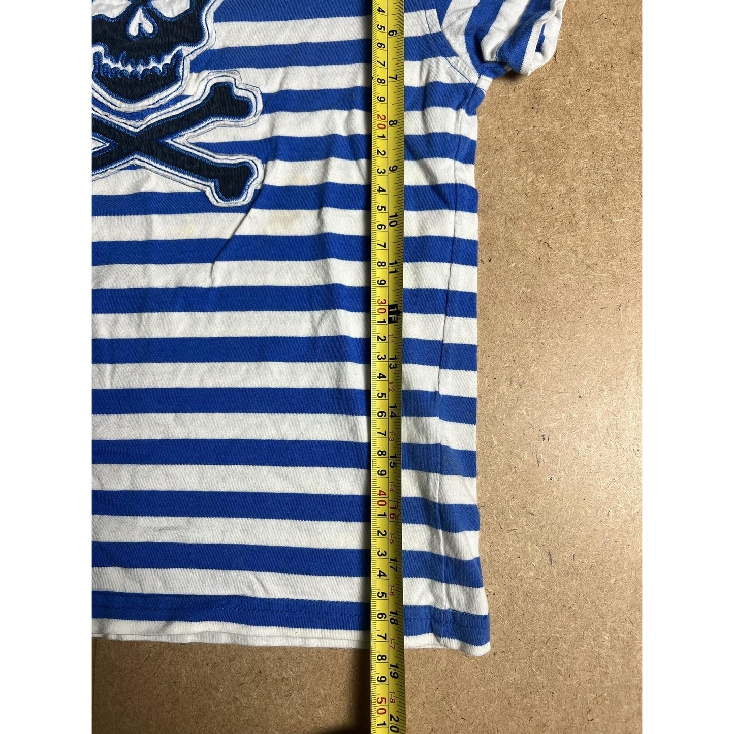 John Lewis Shirt Boys 8 Blue White Stripe Skull Crossbones Pirate T-Shirt Tee