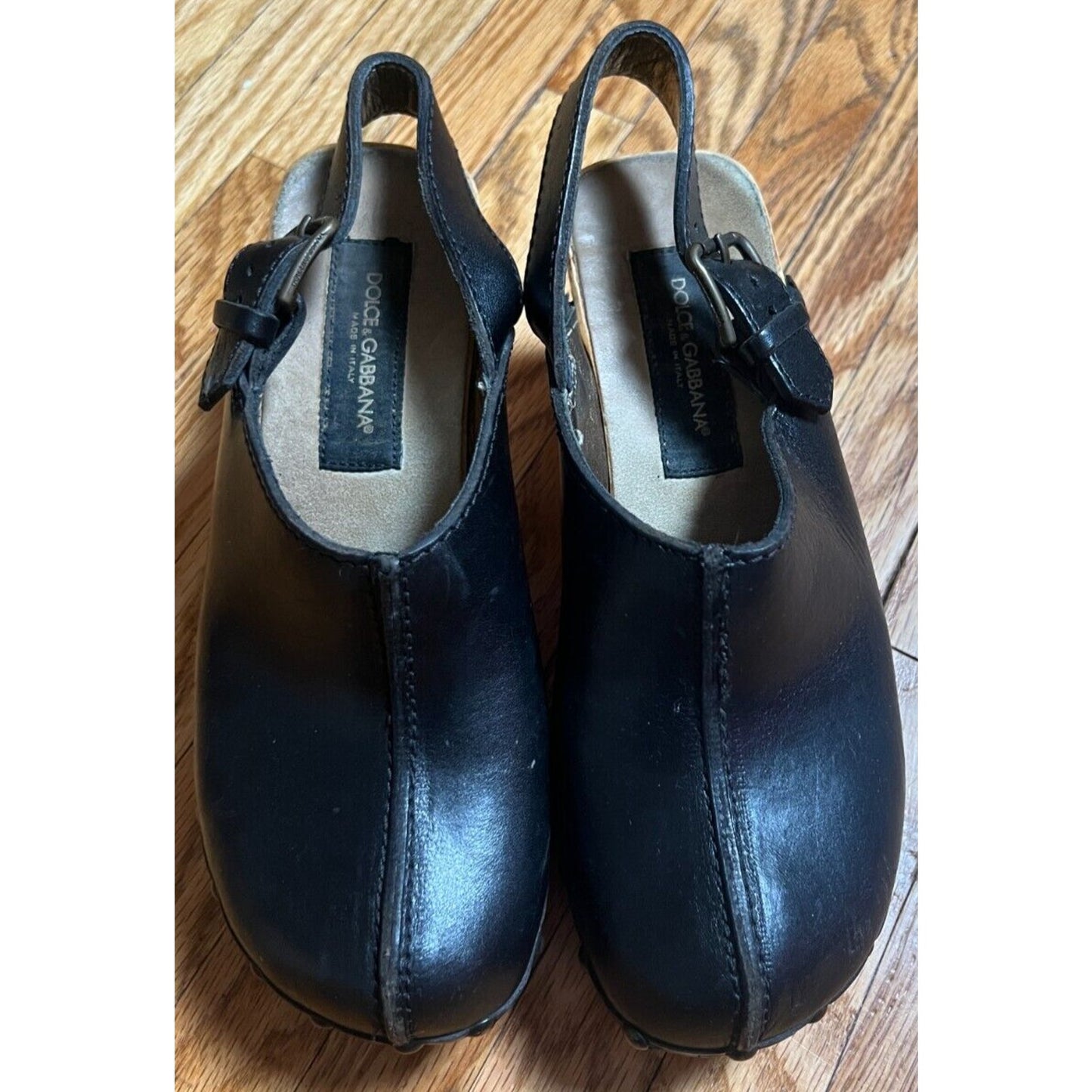 Dolce & Gabanna Black Leather Clogs Wood Size 37 US 7