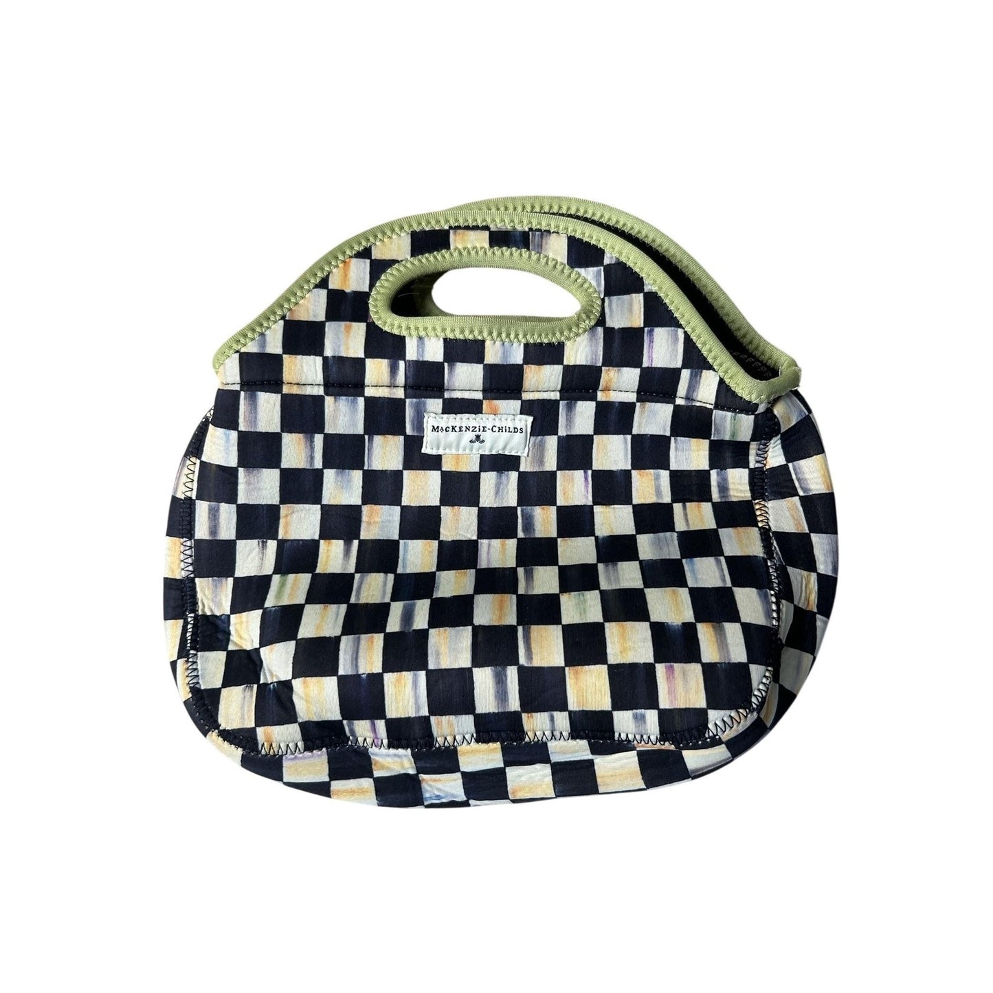 MacKenzie-Childs Top Handle Bag Womens Small Black Neoprene Checkerboard Green