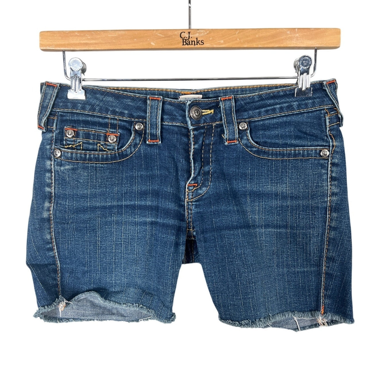 True Religion Raw Hem Shorts Blue Johnny Distressed Women's Size 29