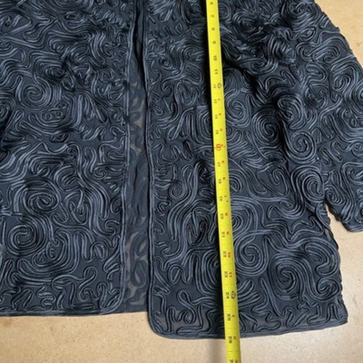 Chico's Cardigan Womens 2 Black Sheer Chiffon Embroidered Ruffle Open Formal