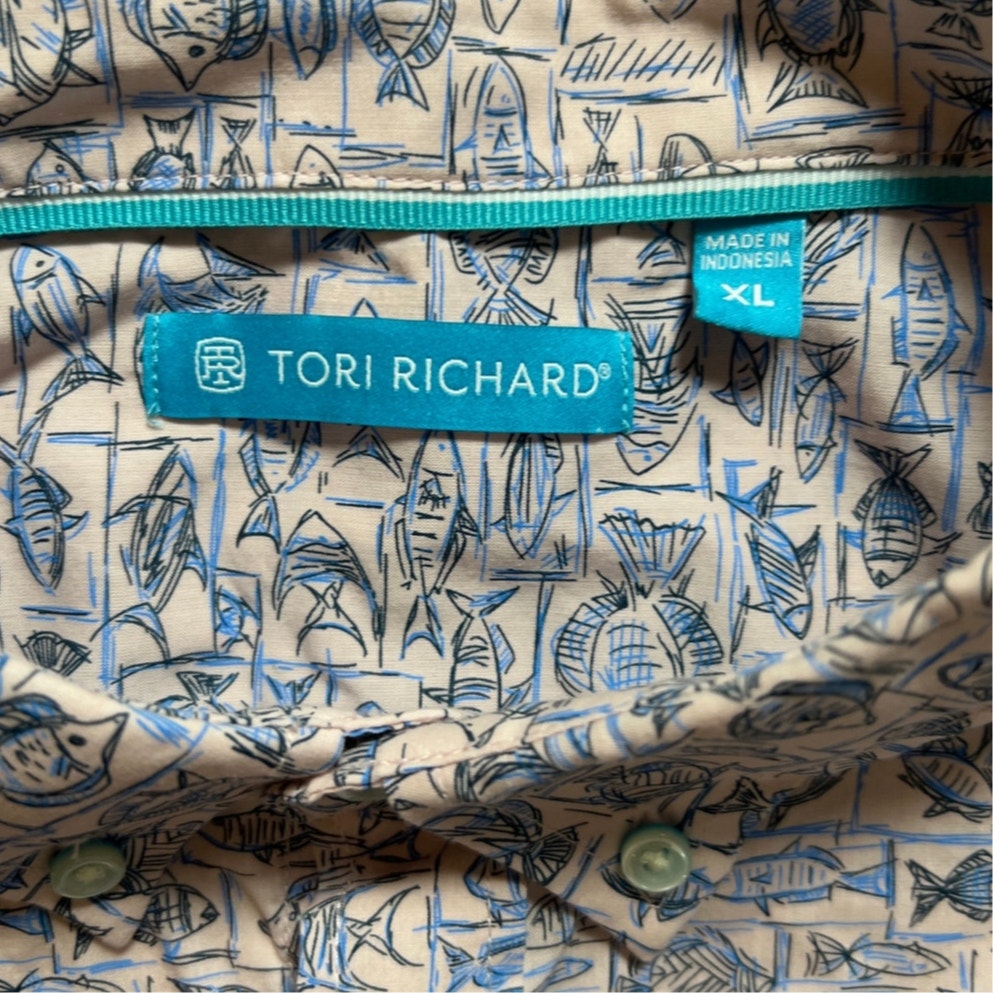 Tori Richard Men Fish AOP Short Sleeve Button Down Men XL