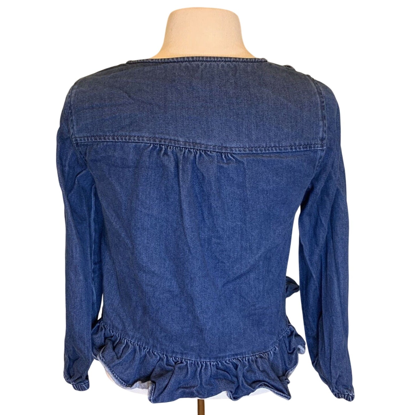 MADEWELL Denim Ruffle Top shirt clare wash $75 BLOGGER FAV SOLD OUT Size S - EUC