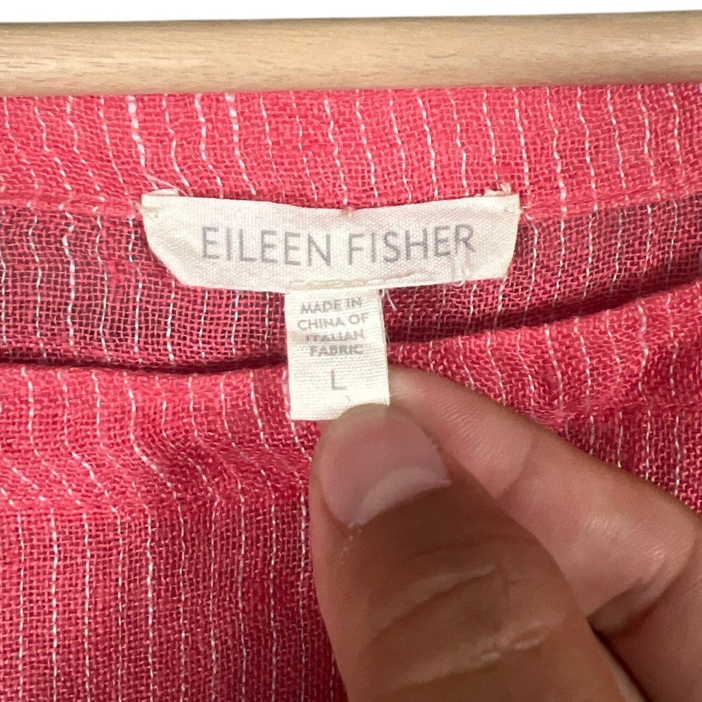 Eileen Fisher Size Large Pink Women Top 100% Linen Gause Pinstriped