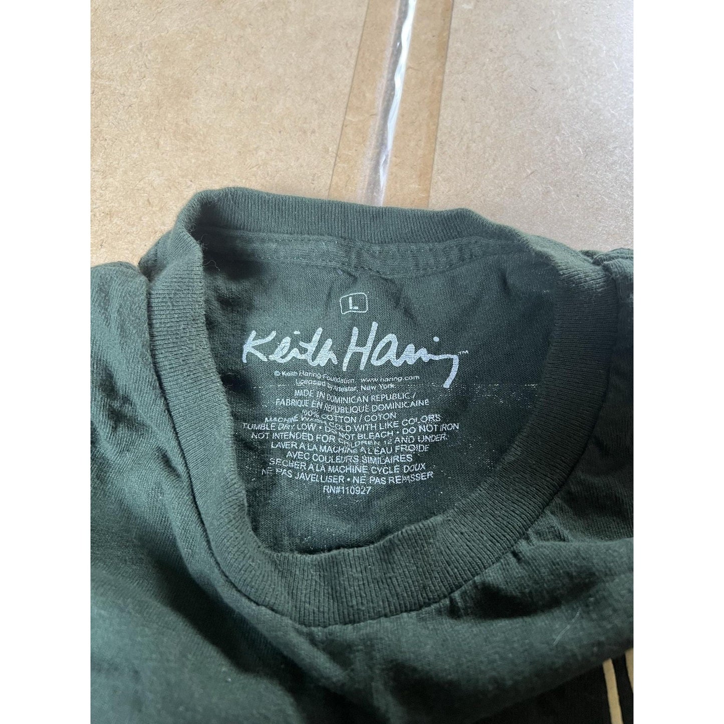 Keith Haring Shirt Mens L Green Cotton Crew Neck Graphic Print Front Tagless