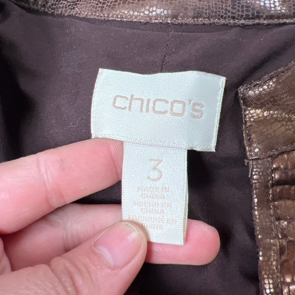 Chico's Faux Snake Skin Studded Blazer Open Front Bronze Brown Size 3
