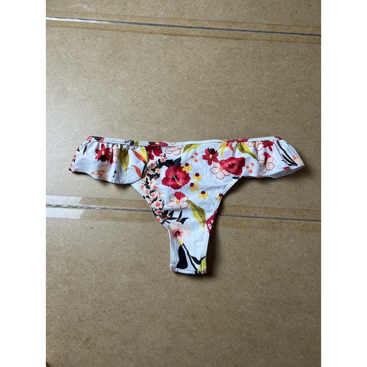 Beachkissd Panties Womens L White Floral Thong High Leg Ruffle Stretch