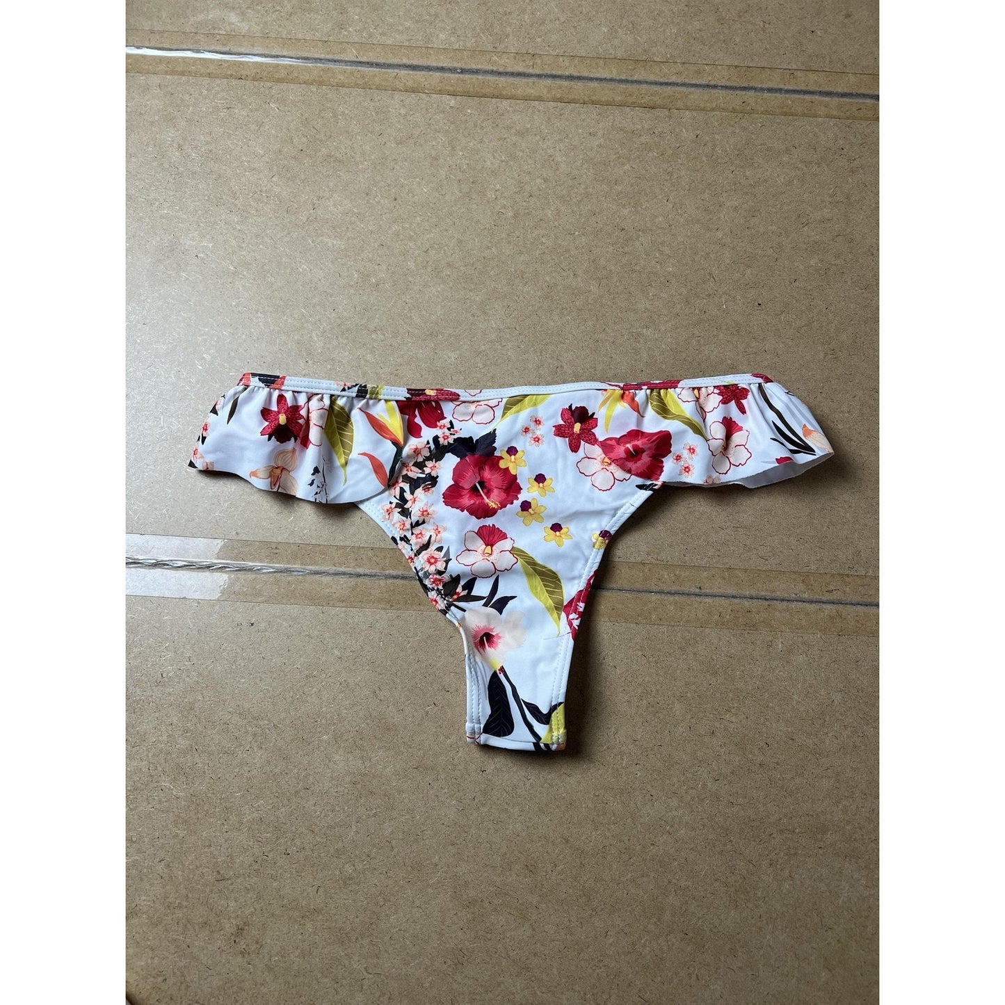 Beachkissd Panties Womens L White Floral Thong High Leg Ruffle Stretch