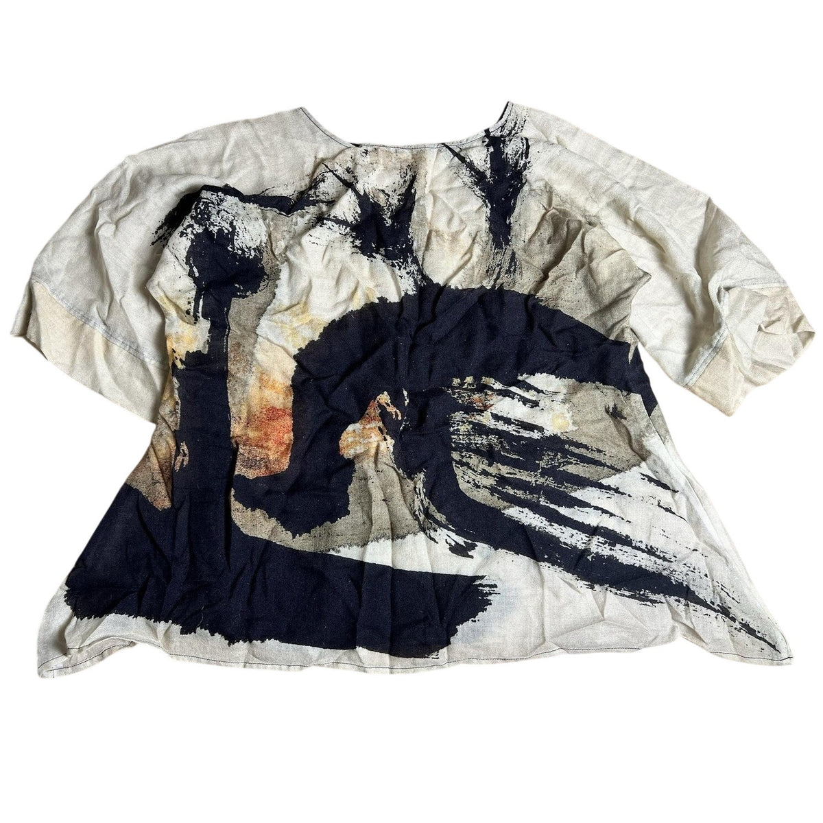 Tunic Women's S/M Beige Scoop Neck Dolman Sleeve Abstract Woven Lightweight Top