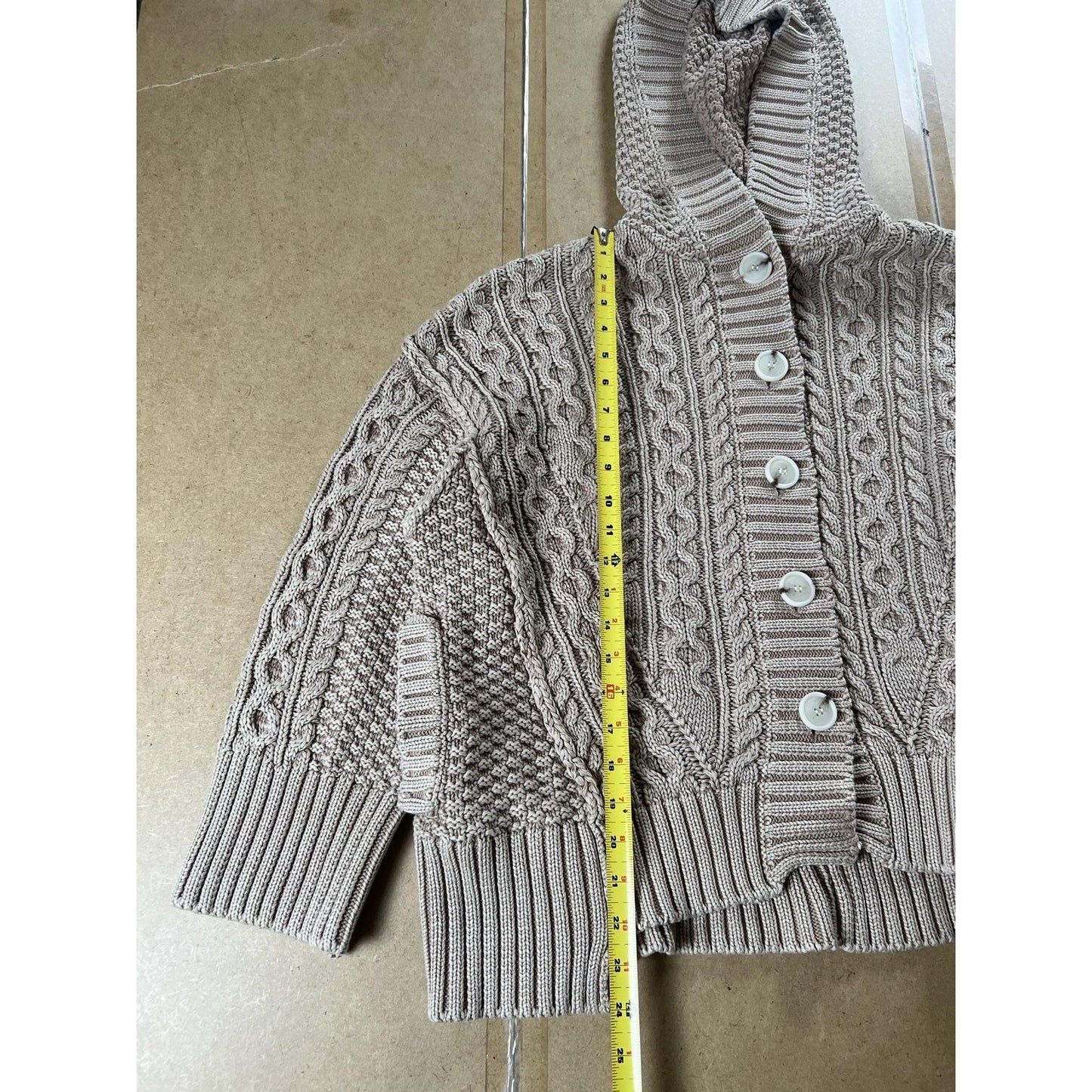 Coatigan Womens XS Beige Hooded Cable Knit Button Cotton Short Casual Pullover
