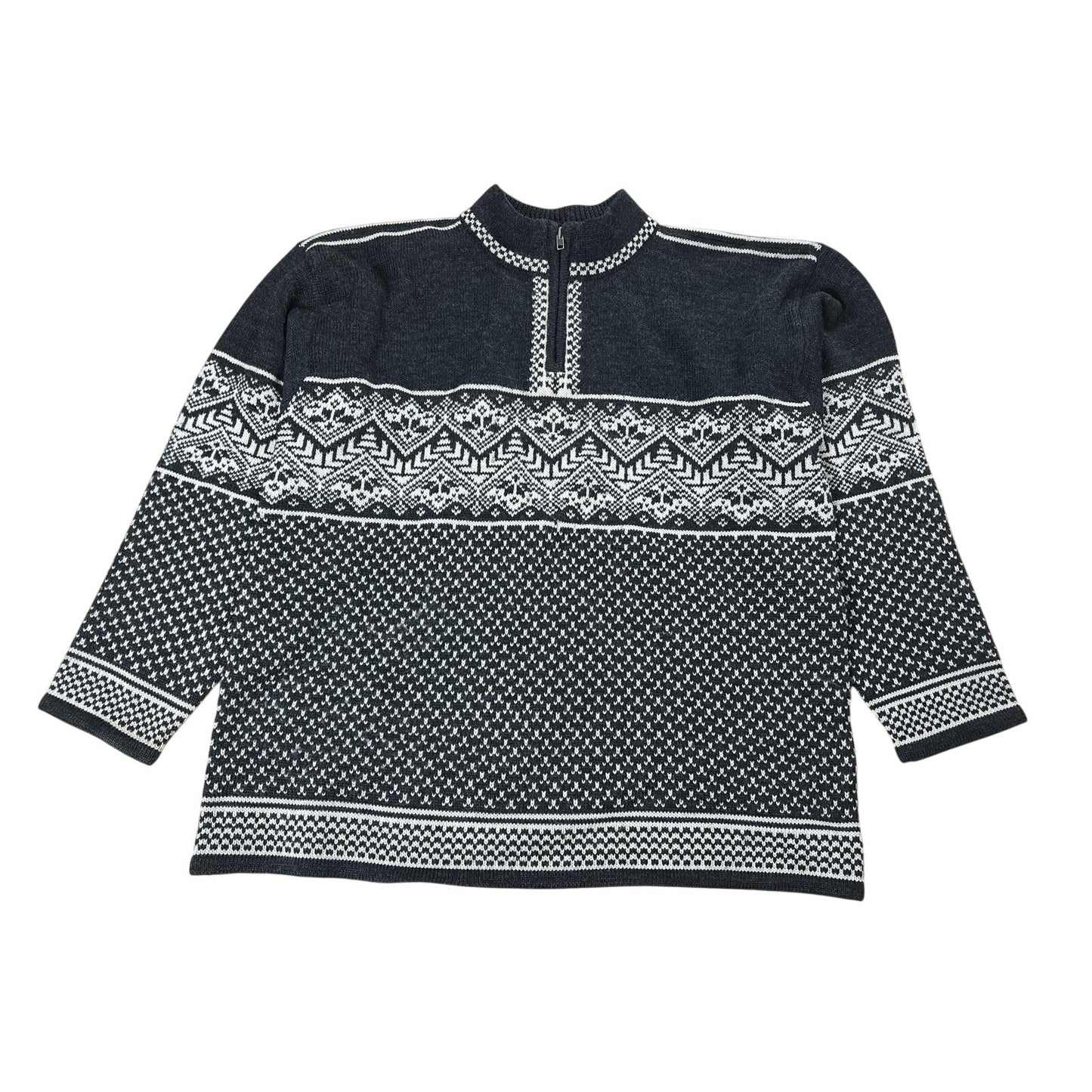 Nordic Design Sweater Mens L Gray Pullover 1/4 Zip Mock Neck Wool Fair Isle