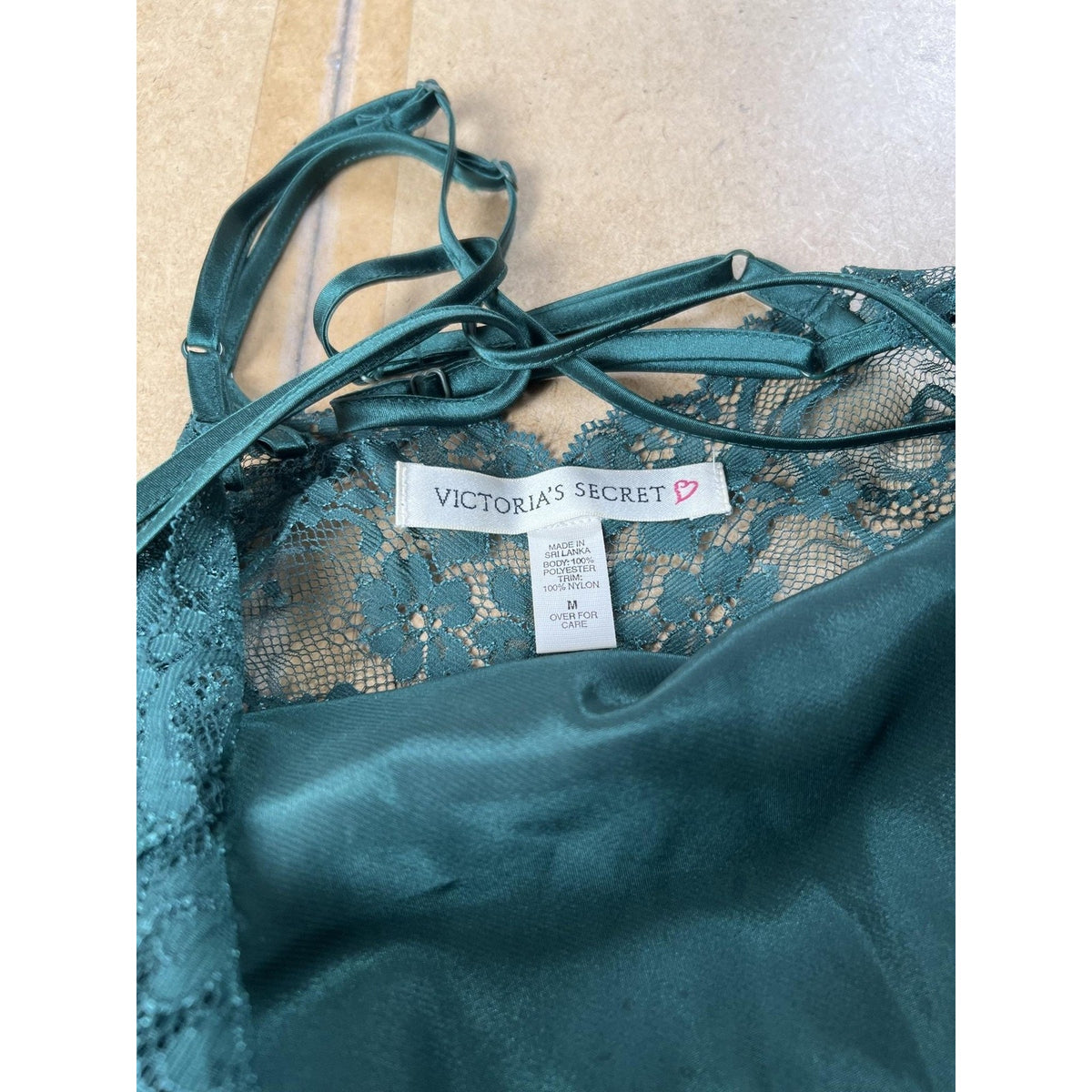 Victoria's Secret Chemise Womens M Green Satin Lace Trim Nightgown Lingerie