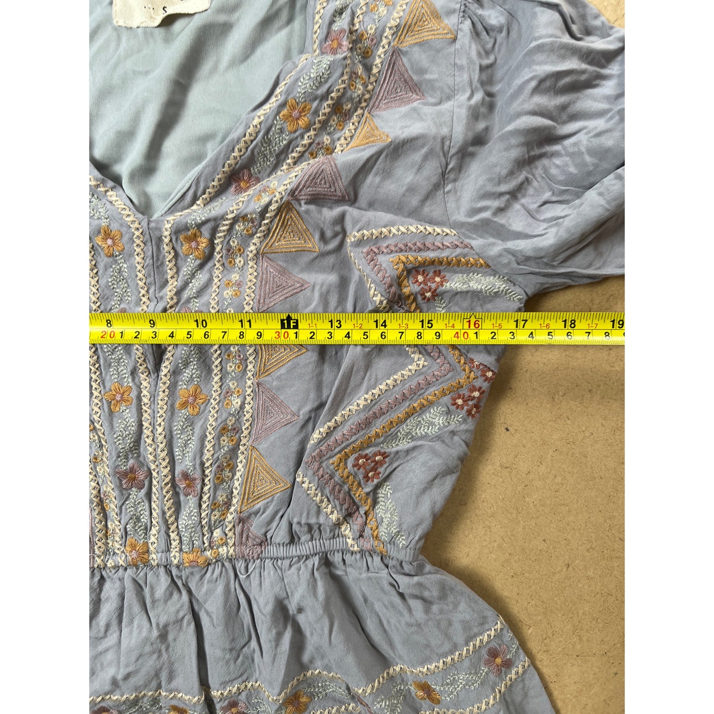 Savanna Jane Small Embroidered Gray V Neck Lined Long Sleeve Flare Dress