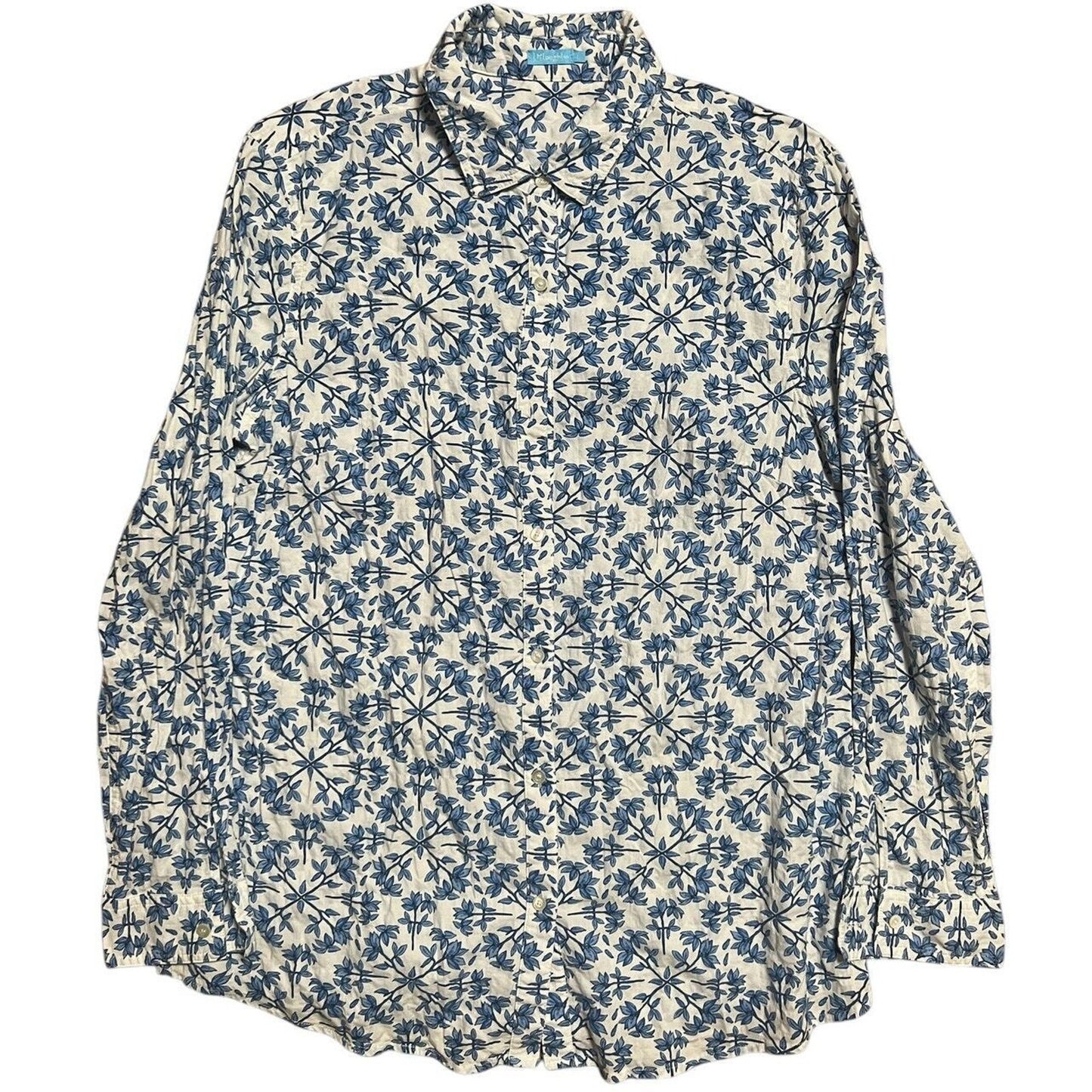 J. Mclaughlin Size L White Blue Floral Long Sleeve AOP Button Up Dress Shirt
