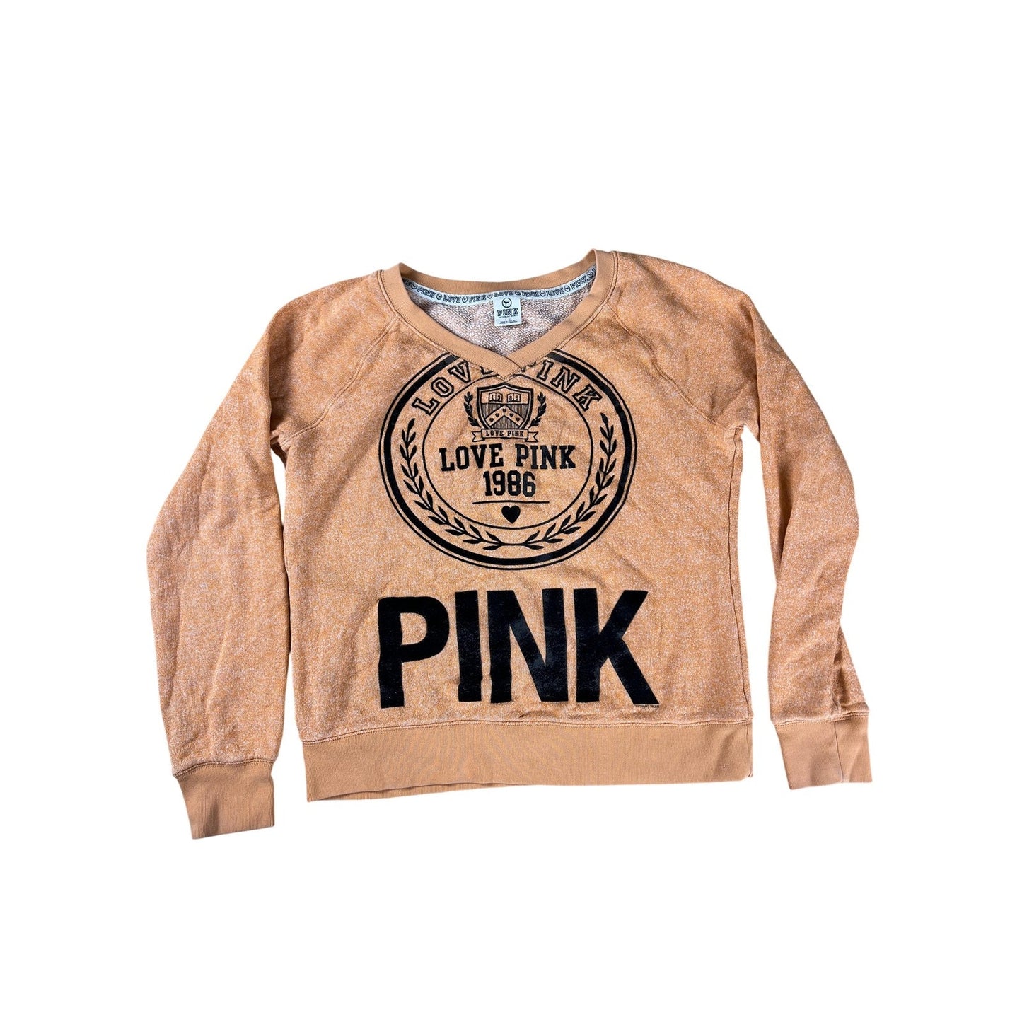 PINK Victoria's Secret Sweater Womens L Orange Pullover V-Neck Graphic Print