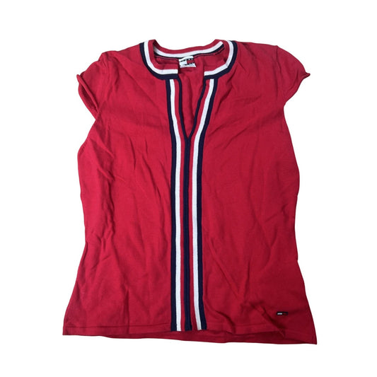 Tommy Jeans T-Shirt Womens XL Red Ringer Cap Sleeve Striped Slim Casual