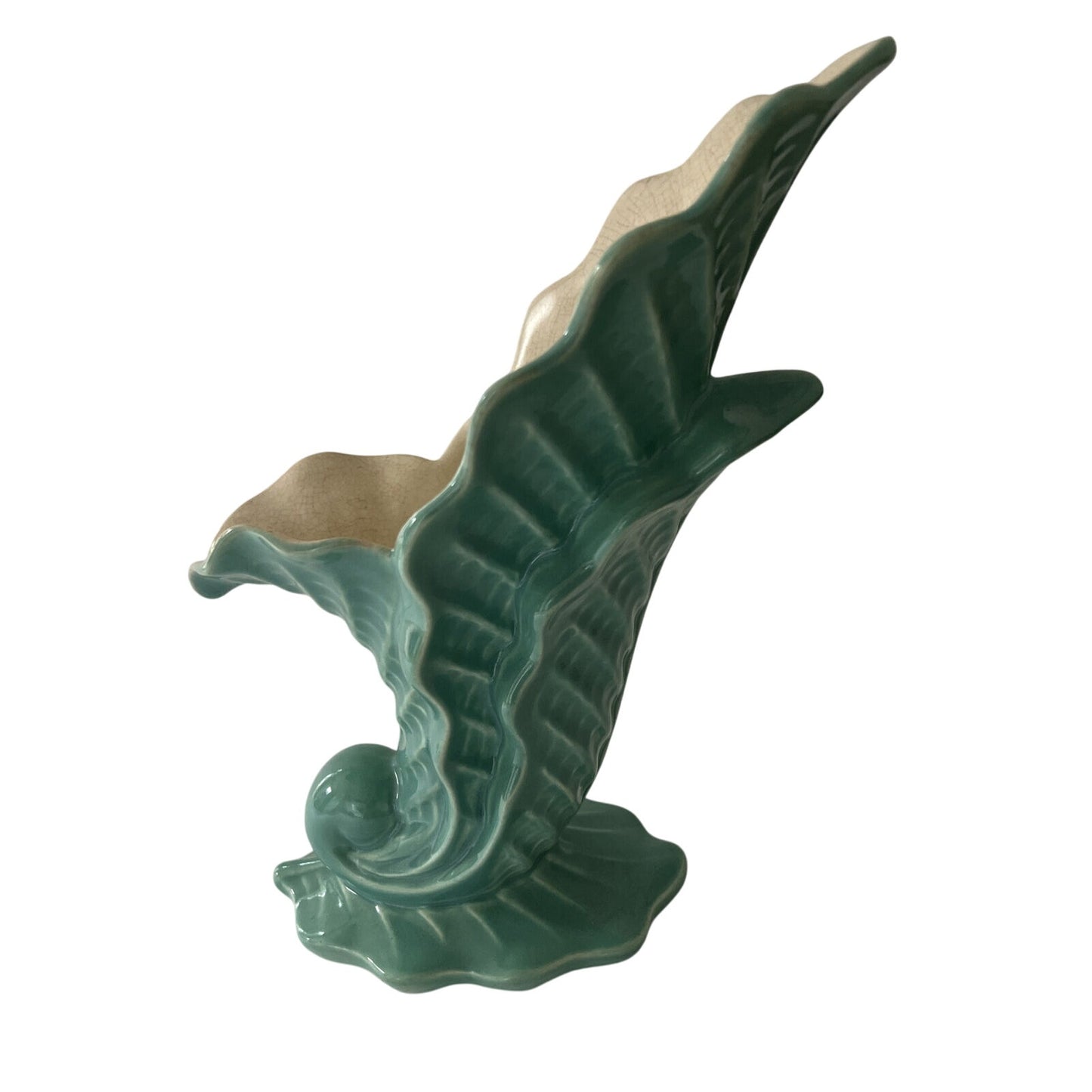 Vintage Redwing Vase, Shell Design, Green Glaze 4x7xH-10.5, Art Deco - EUC