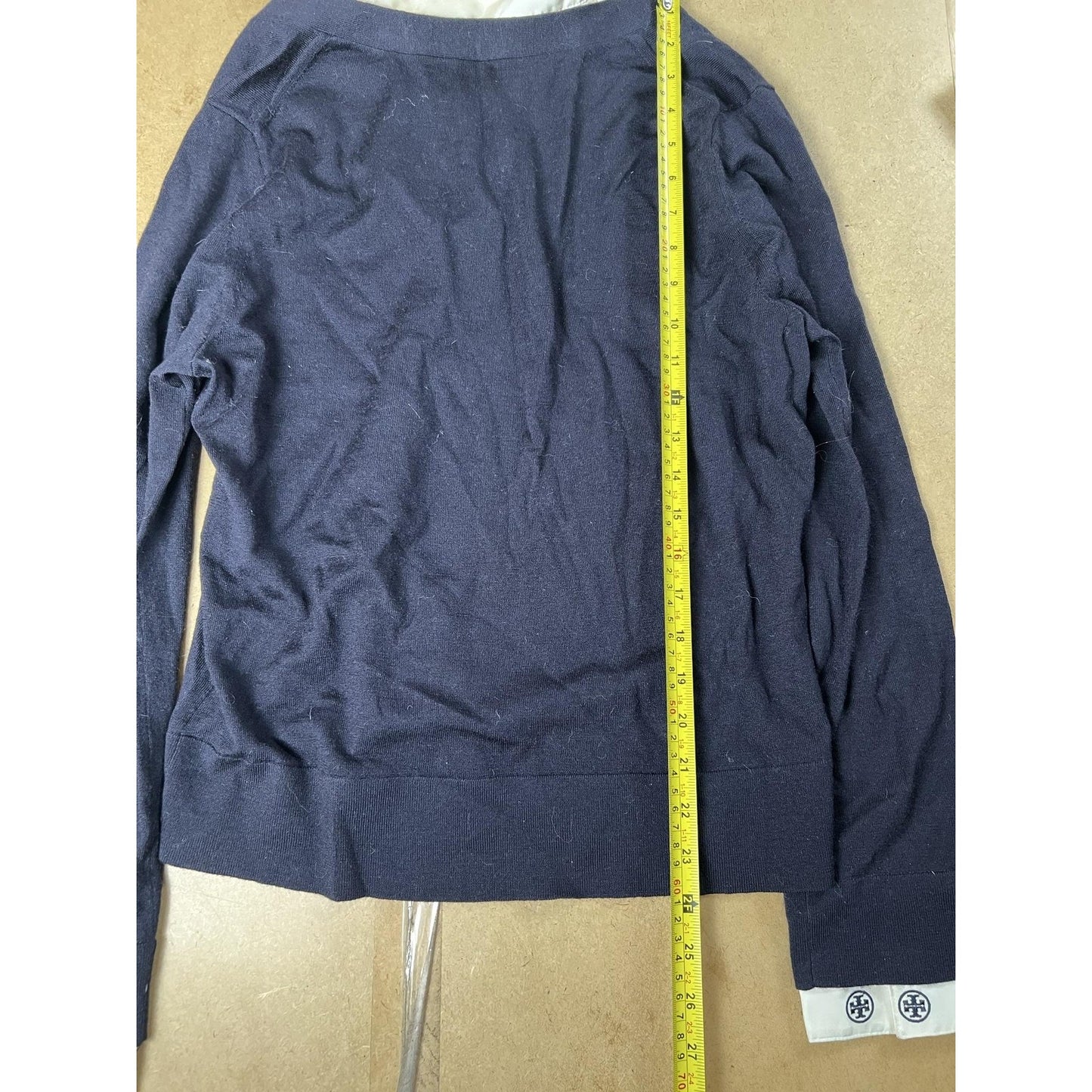 Tory Burch Blouse Womens L Blue V-Neck Long Sleeve Button Contrasting Trim