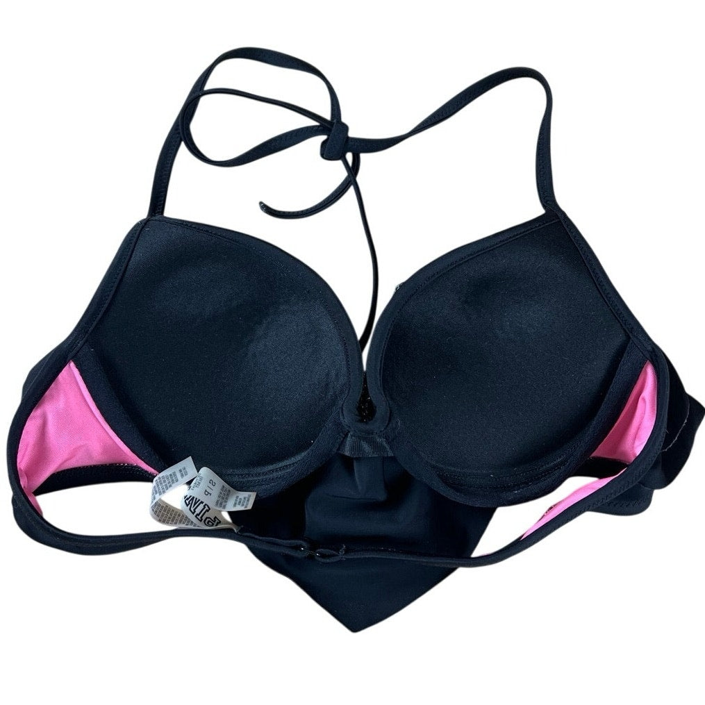 PINK Bra Womens S Black Push Up Bra Padded Molded Halter Rhinestone Hook & Eye