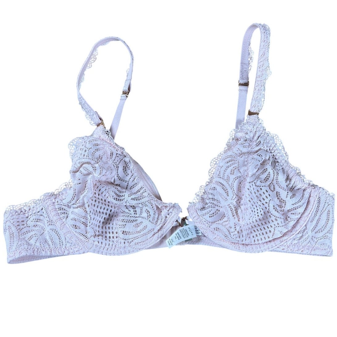Aerie Bra Womens 34B Pink Bralette Unpadded Lace Sheer Adjustable Hook & Eye