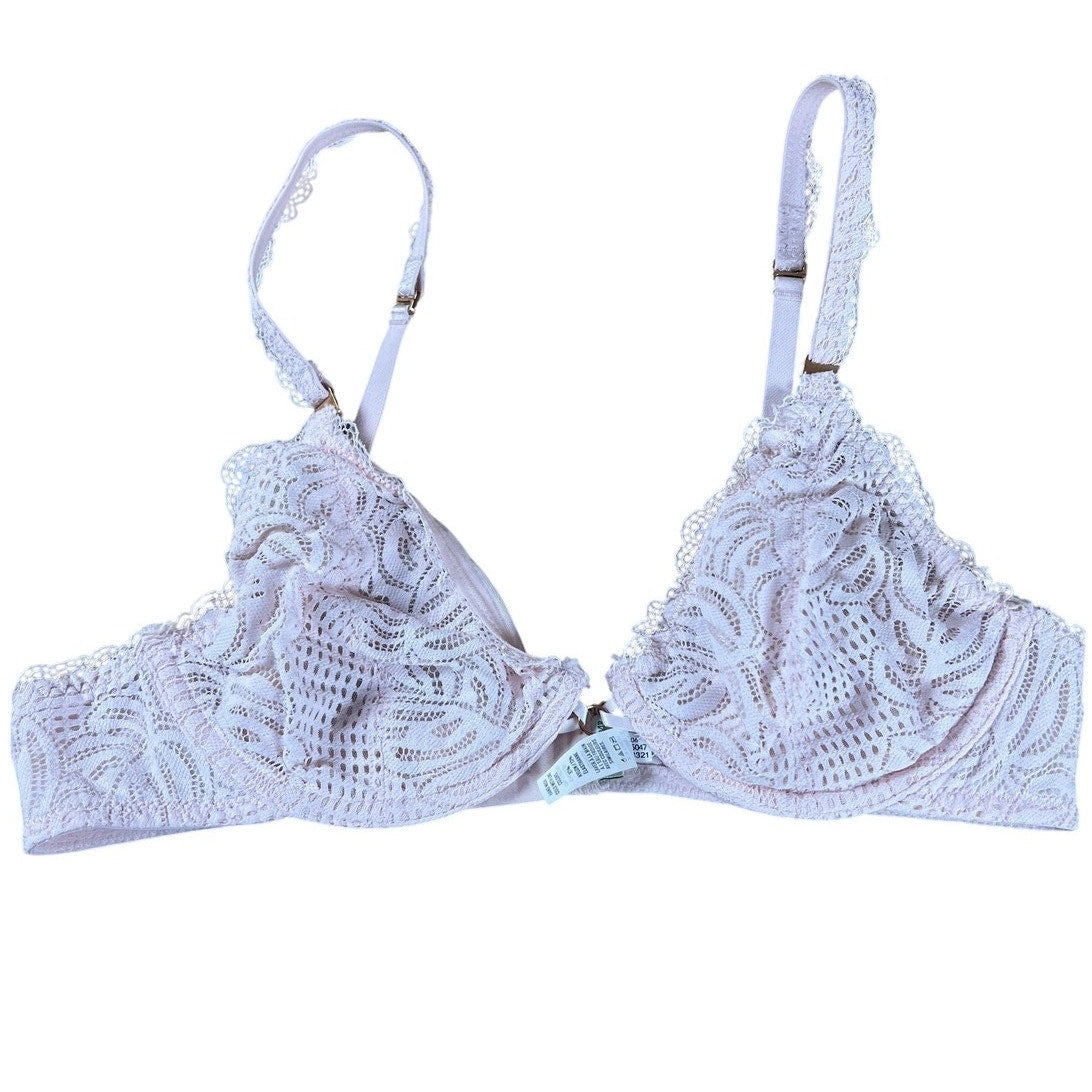 Aerie Bra Womens 34B Pink Bralette Unpadded Lace Sheer Adjustable Hook & Eye