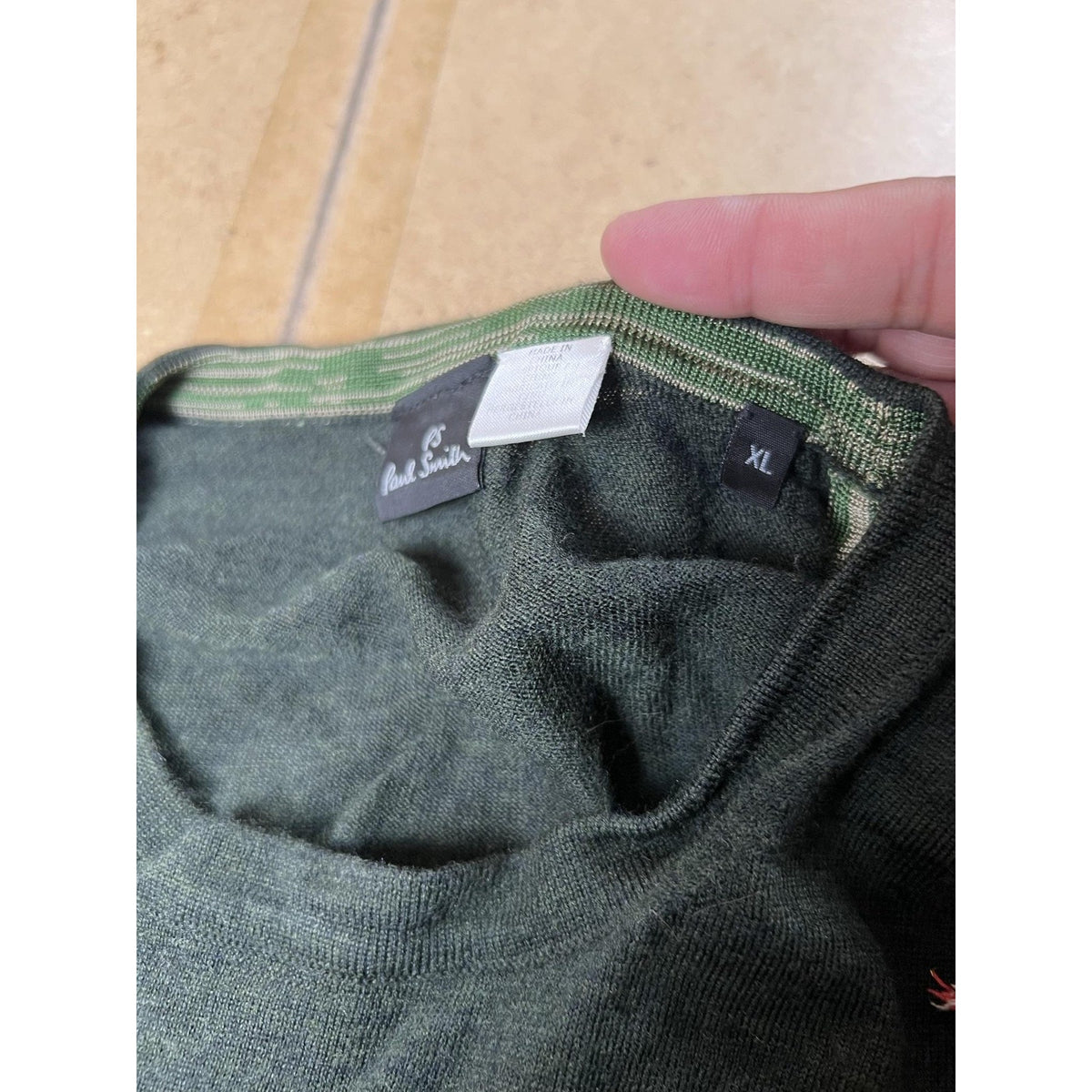 PS Paul Smith Shirt Mens XL Green Wool Crew Neck Long Sleeve Embroidered