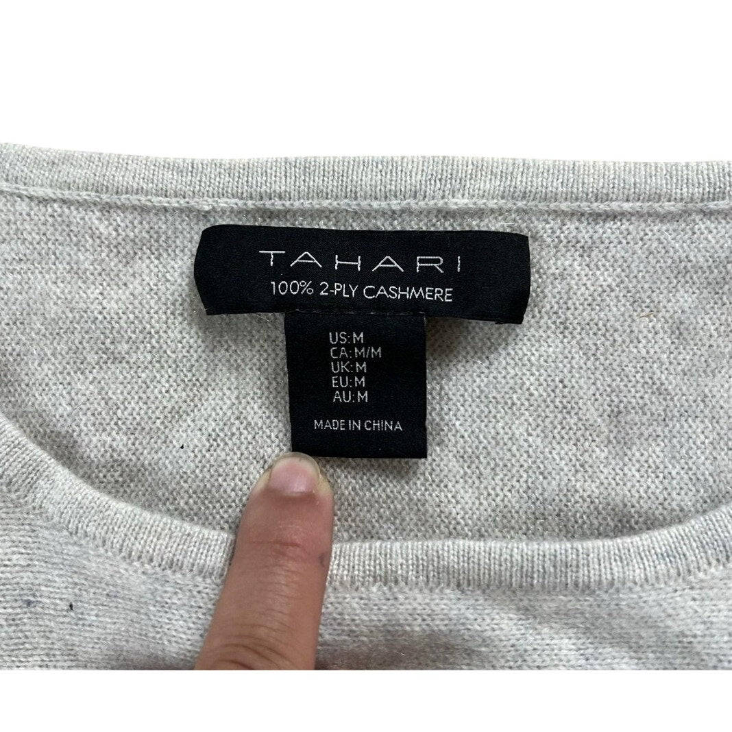 Tahari T-Shirt Womens M Gray Crew Neck Long Sleeve 100% Cashmere Knit Pullover