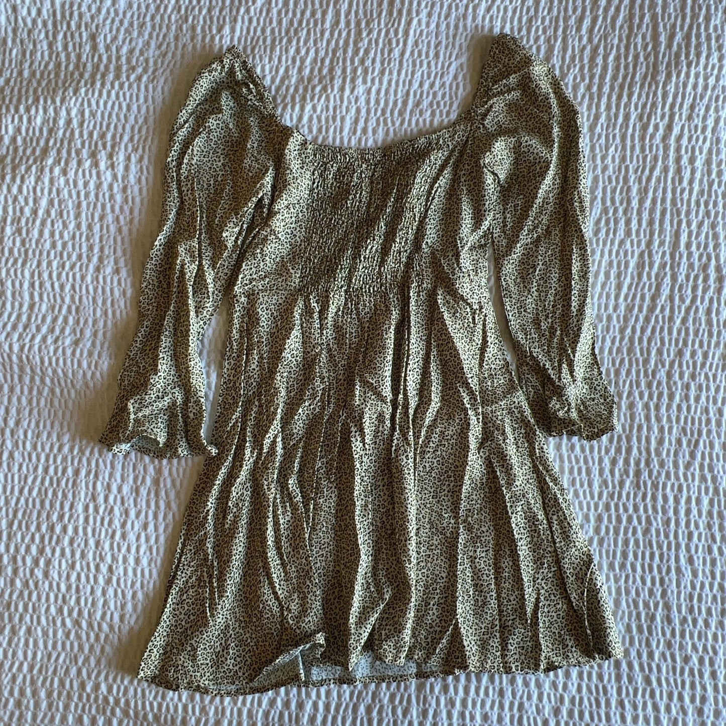 Live To Be Spoiled Dress Womens S Beige Animal Print Short Fit & Flare Smocked