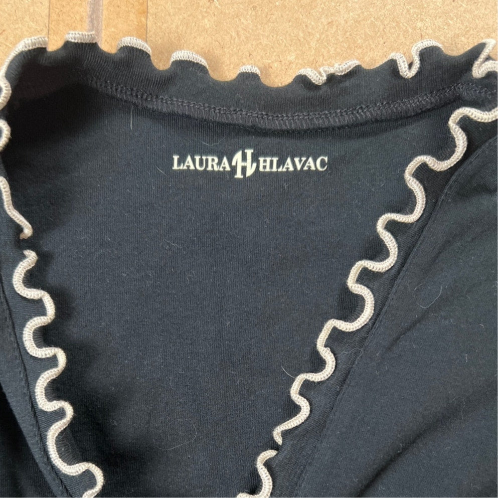 Laura Hlavac Womens Dress Size M Black V-Neck Stretch Ruffle Short Sleeve