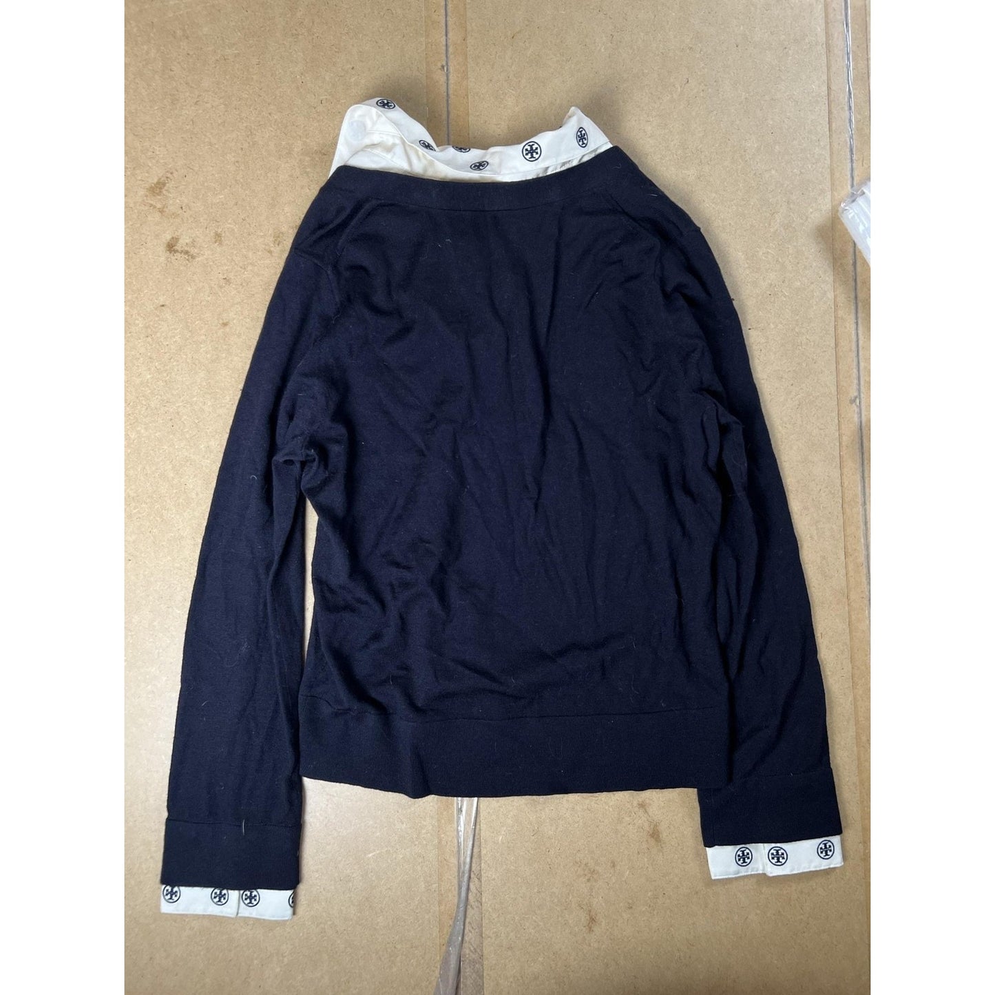 Tory Burch Blouse Womens L Blue V-Neck Long Sleeve Button Contrasting Trim