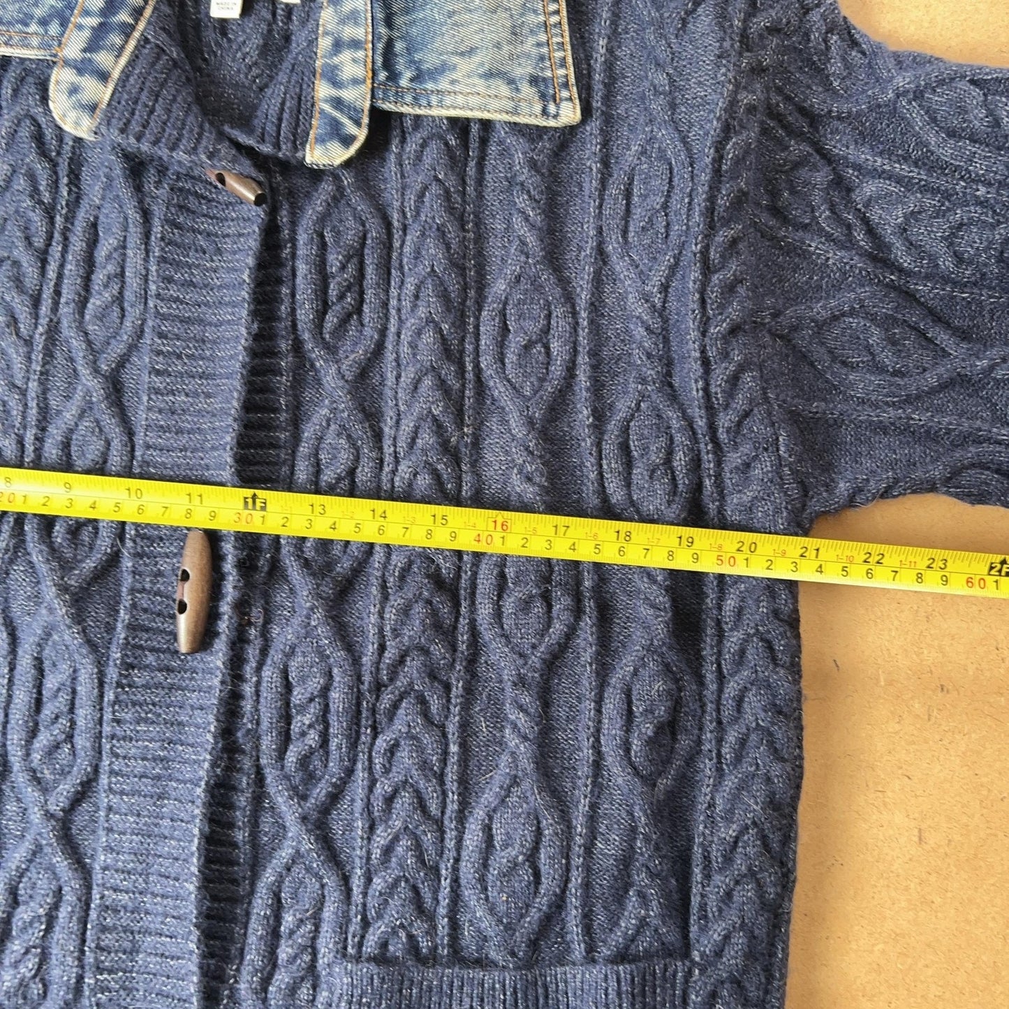 City Blues Cardigan Womens M Blue Cable-Knit Collared Open Pockets Heavyweight