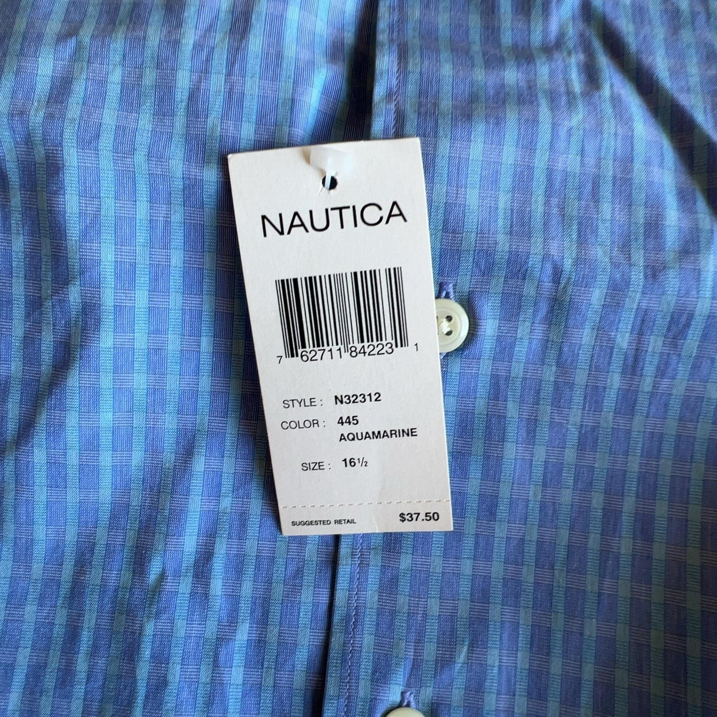 Nautica Shirt Mens 16.5 Blue Check Button-Down Short Sleeve 100% Cotton Large