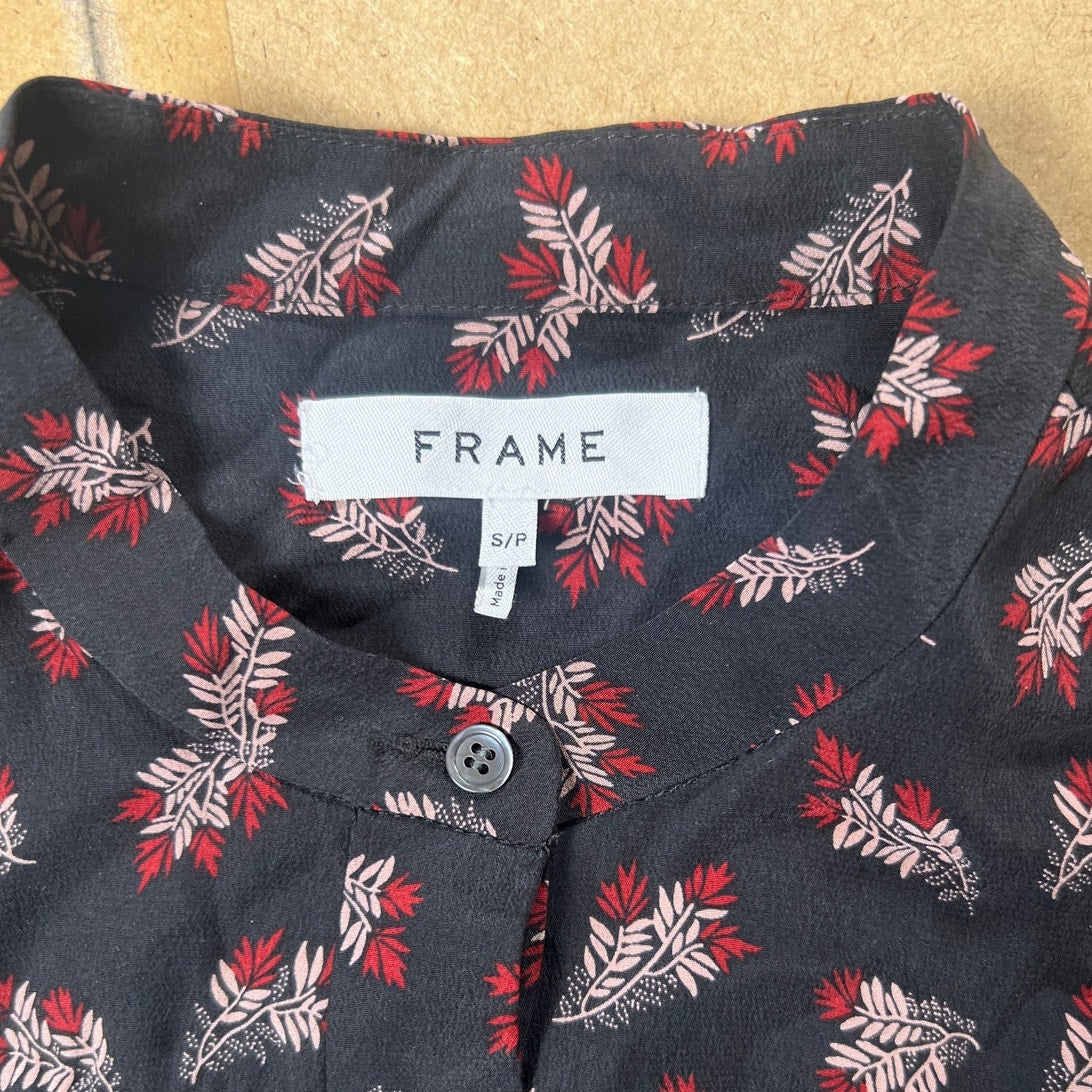 Frame Black Silk Floral 100% Silk Ruched Short Sleeve Blouse Top Size Small