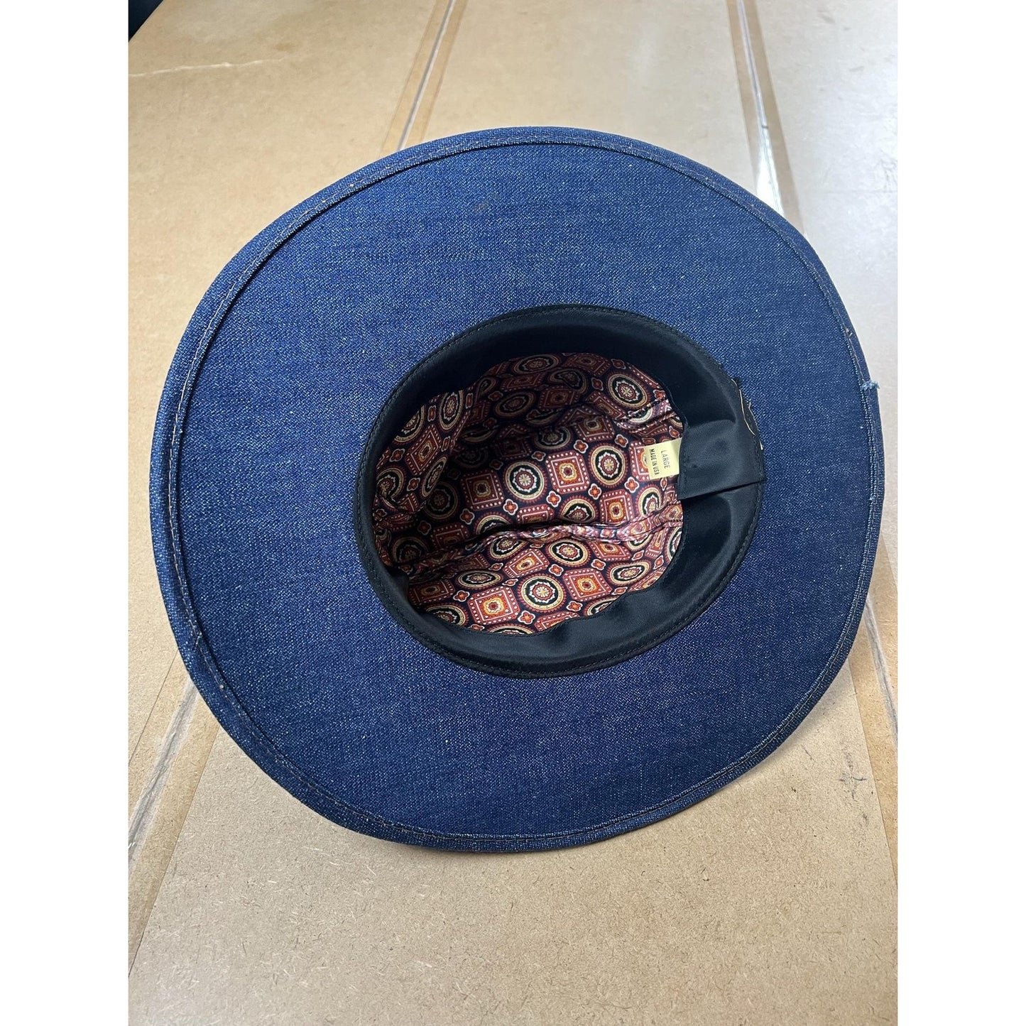 Fedora Hat Womens L Blue Denim Cotton Wide Brim Strap Made USA Spring Summer