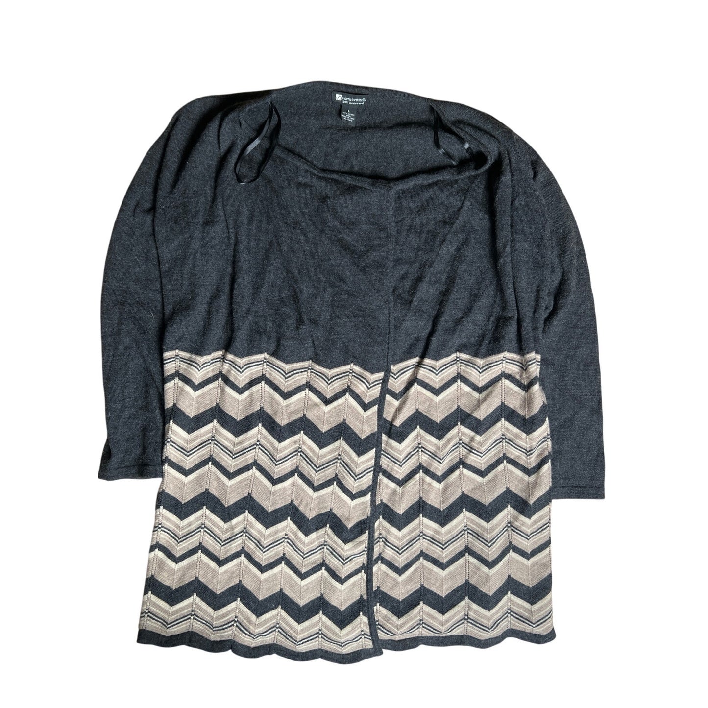 Valerie Bertinelli Gray/Cream 100% Merino Wool Open Cardigan Sz Large