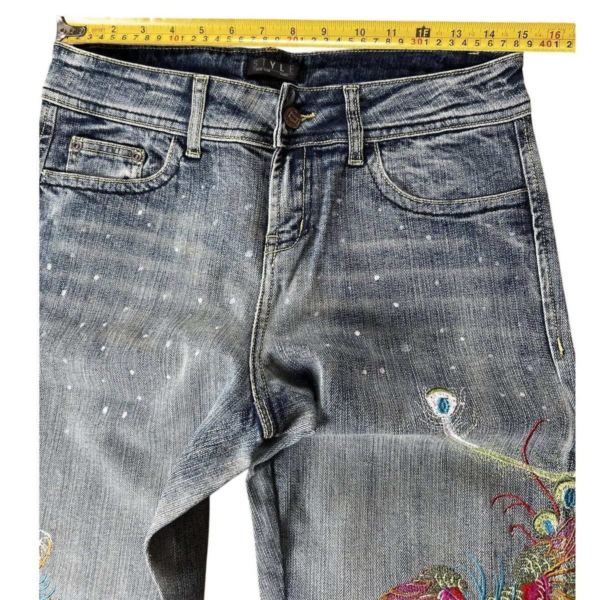 STVLE Pants Womens 6 Blue Cropped Denim Cotton Spandex Embroidered Lace Cuffed