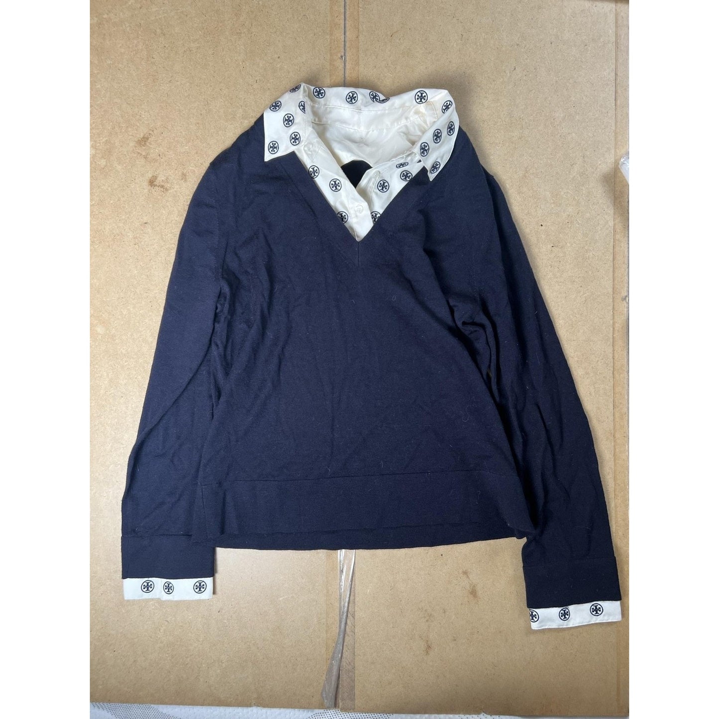 Tory Burch Blouse Womens L Blue V-Neck Long Sleeve Button Contrasting Trim