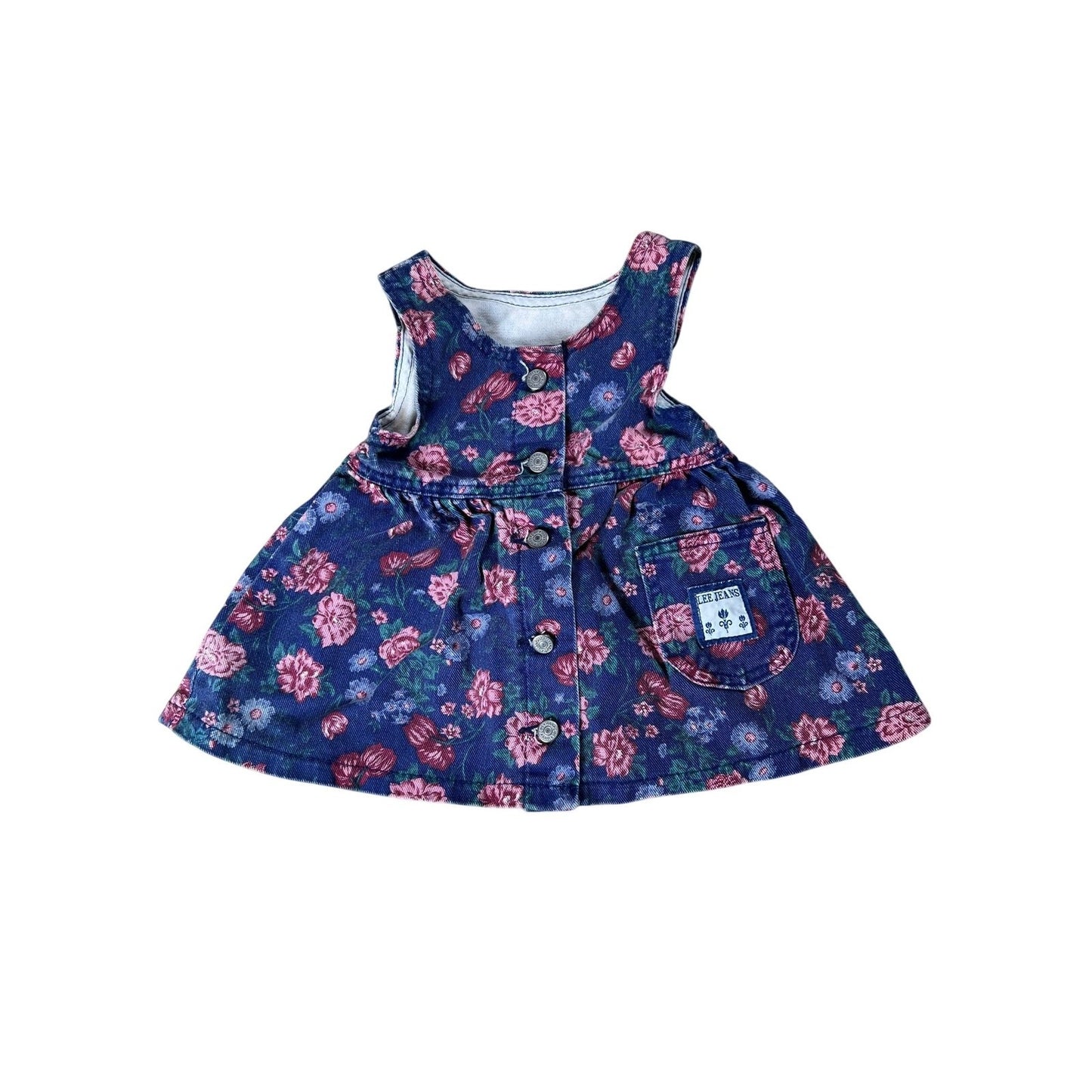 Lee Jeans Sundress Girls One Size Blue Floral Denim Sleeveless Button Pockets