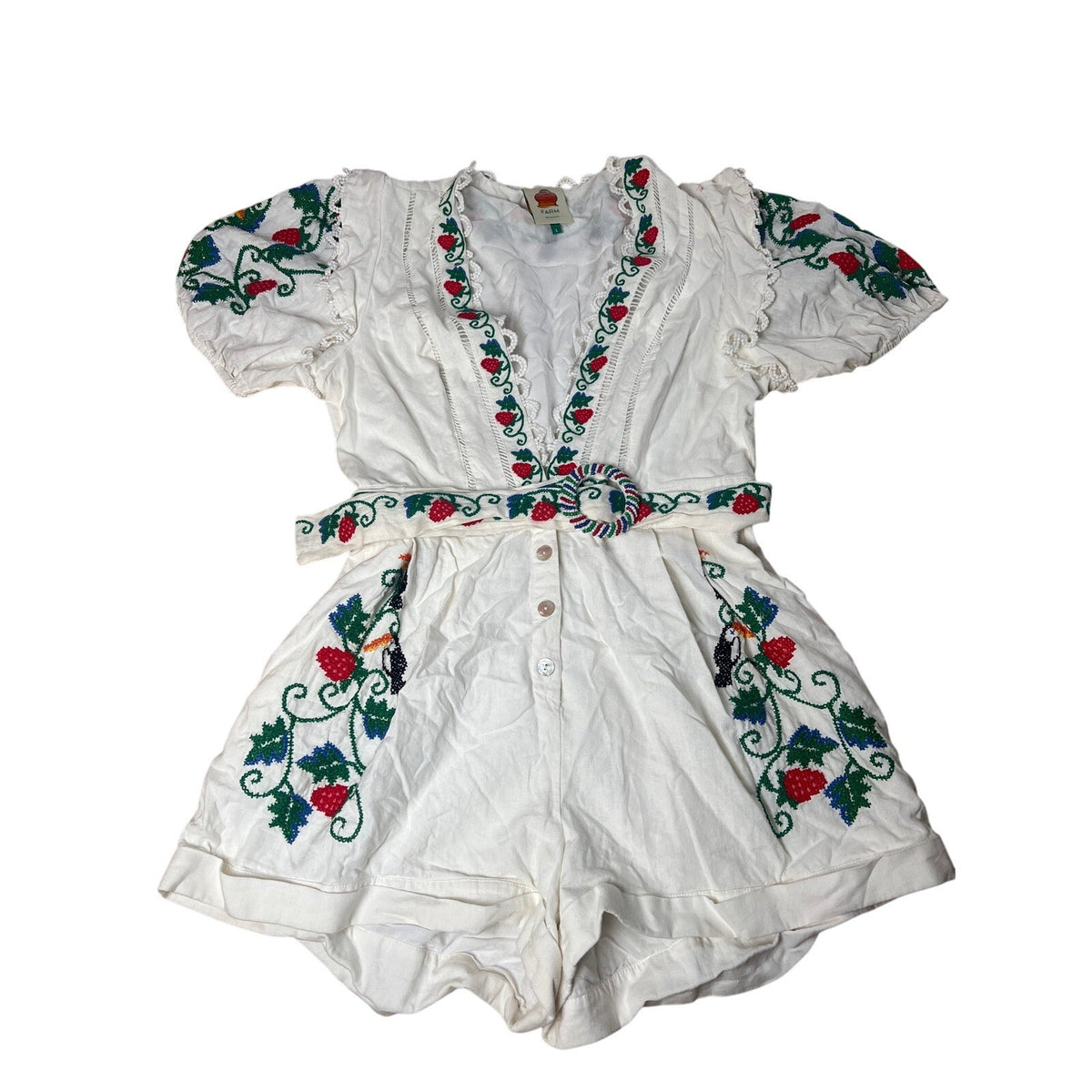 Farm Rio Cross Stitch Tucan Embroidery Romper Women Size Large