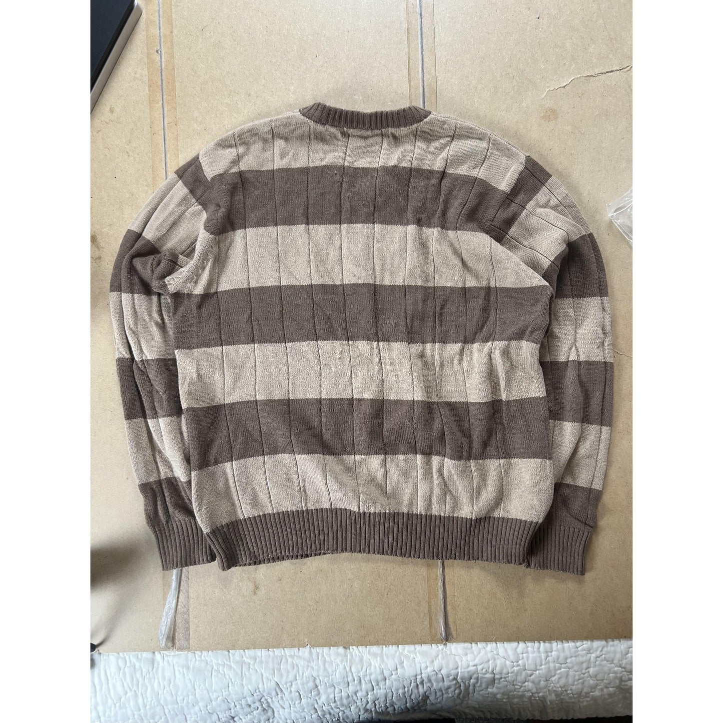 Oscar De La Renta Sweater Mens XL Brown Striped V-Neck Pullover Cotton Knit