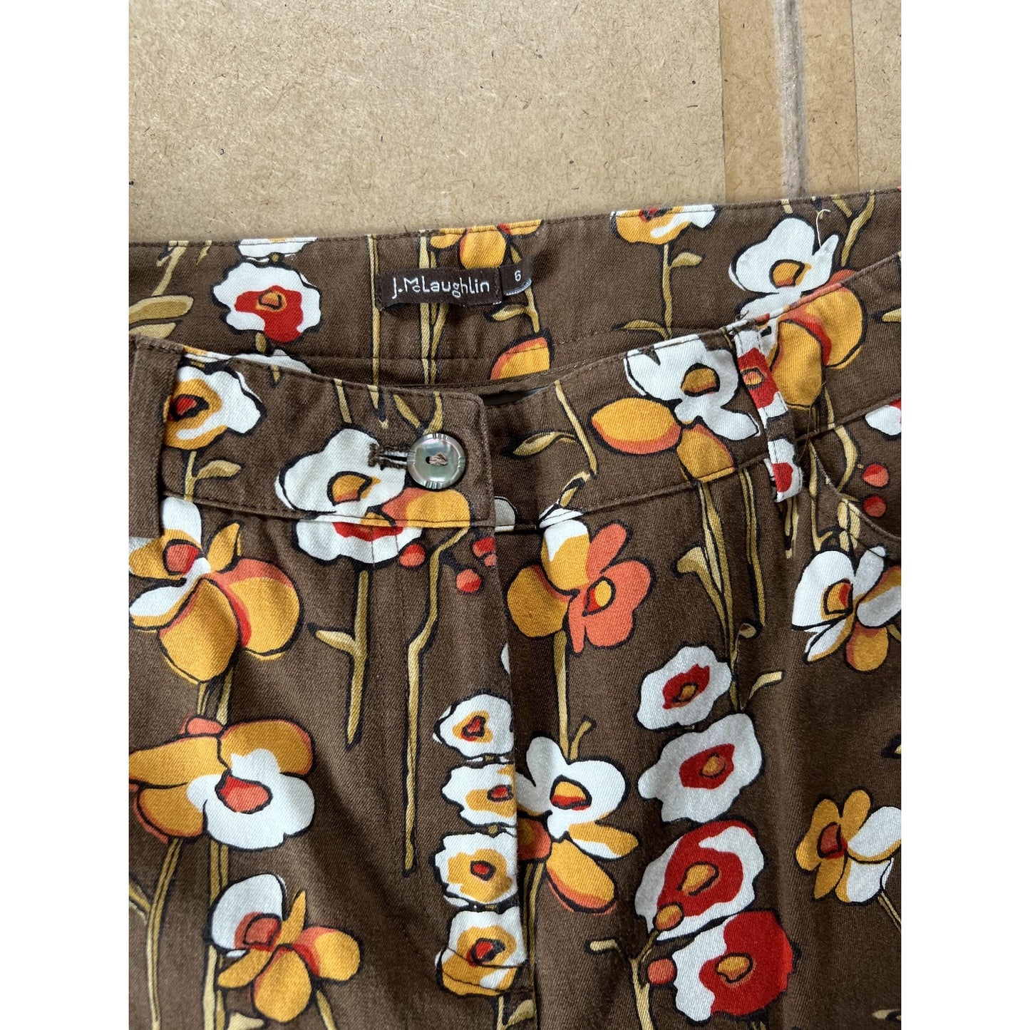 J. McLaughlin Pants Womens 6 Brown Cropped Floral Twill Stretch Pockets Slim