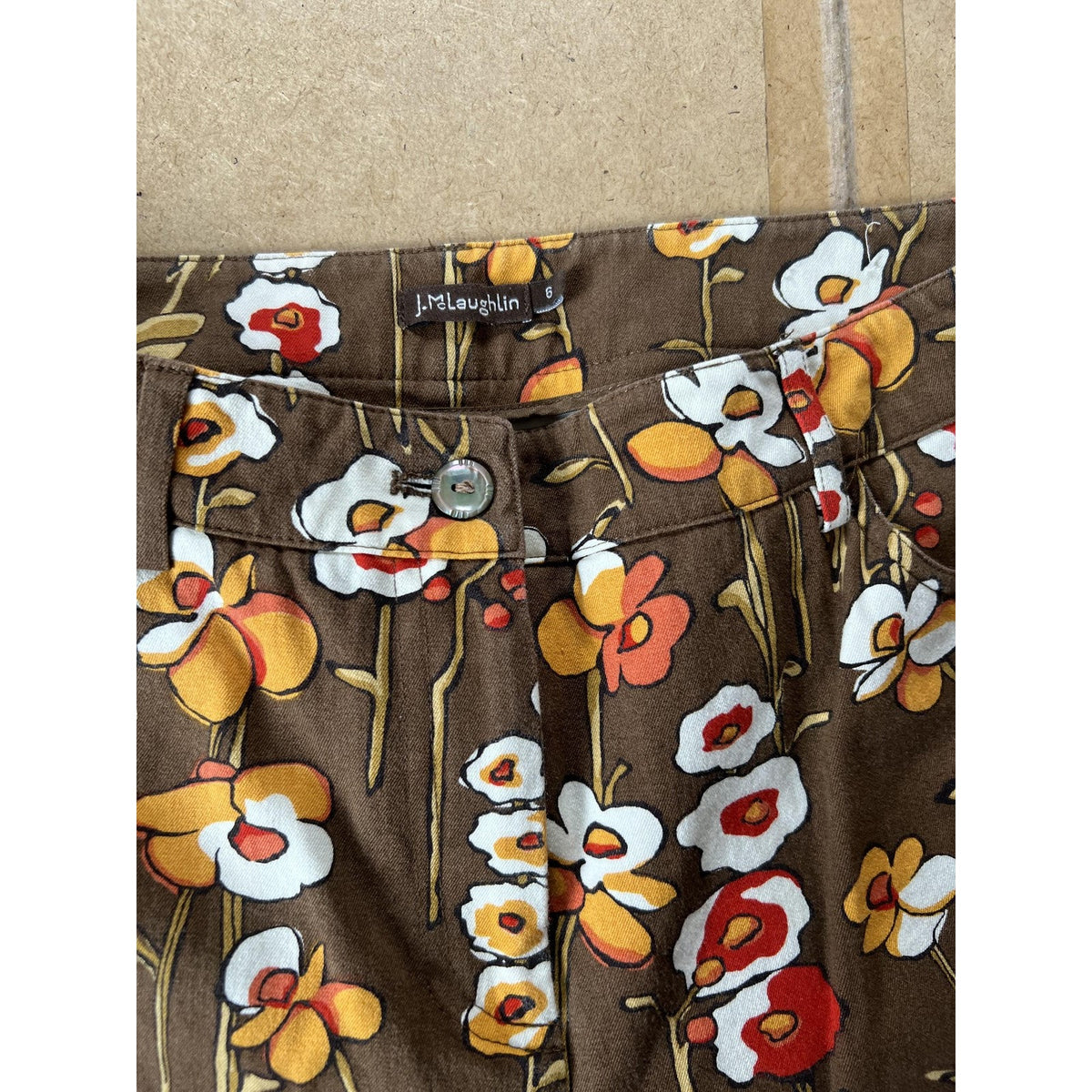 J. McLaughlin Pants Womens 6 Brown Cropped Floral Twill Stretch Pockets Slim