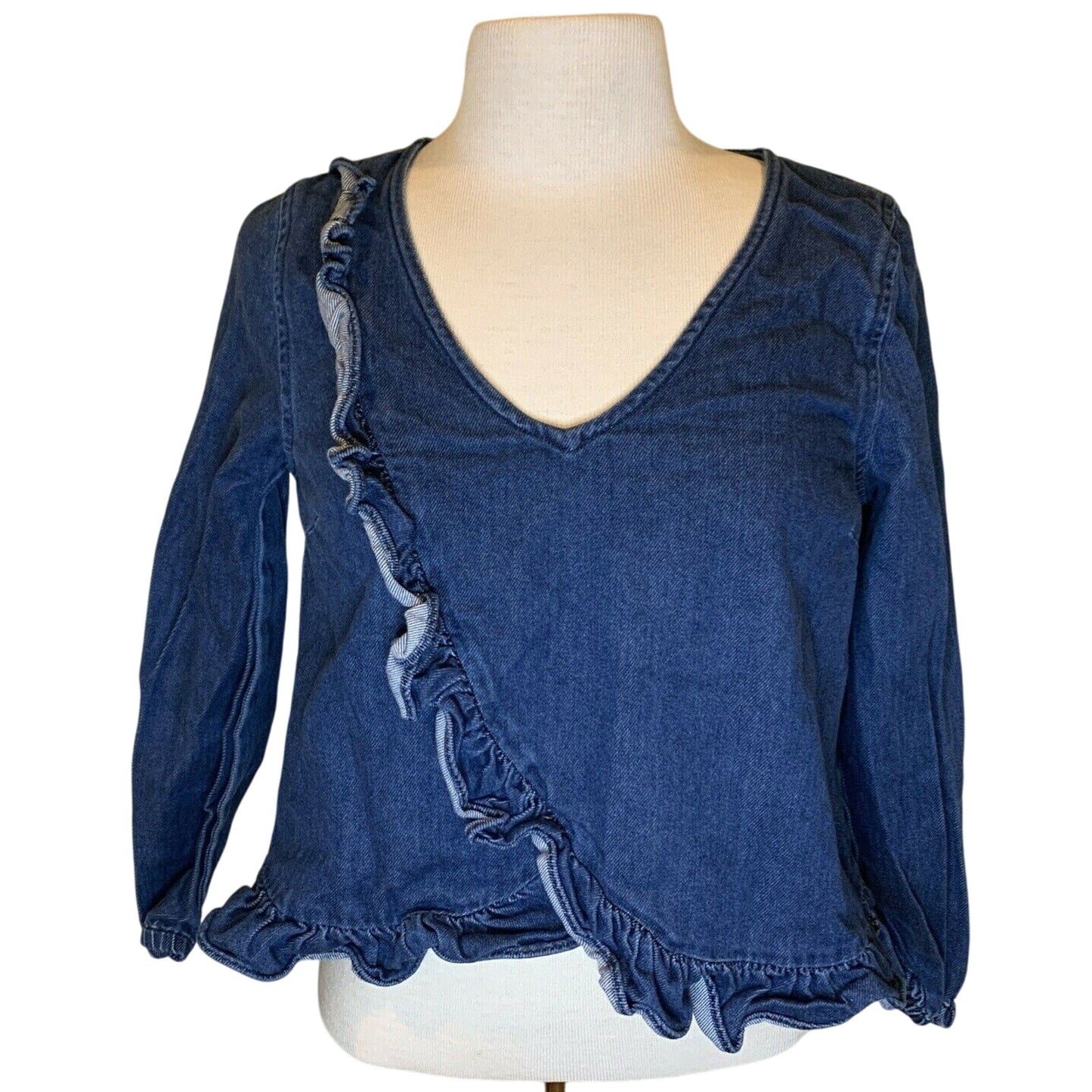 MADEWELL Denim Ruffle Top shirt clare wash $75 BLOGGER FAV SOLD OUT Size S - EUC