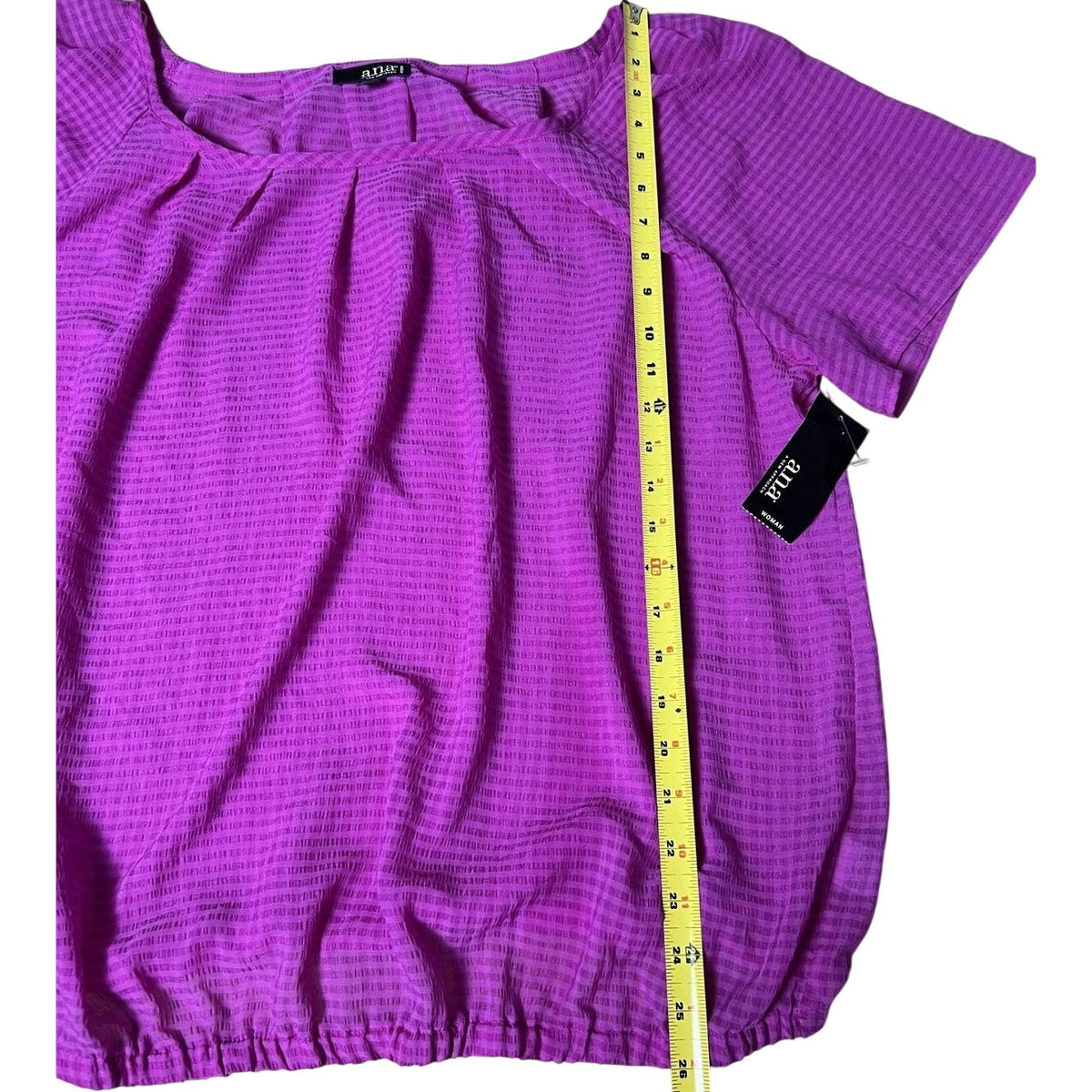 A.n.a Blouse Womens 1X Purple Scoop Neck Short Sleeve Pleated Elastic Waist