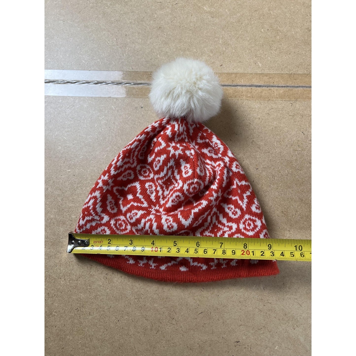 Vera Bradley Beanie Womens One Size Red Lined Faux Fur Pom Pom Geometric Knit