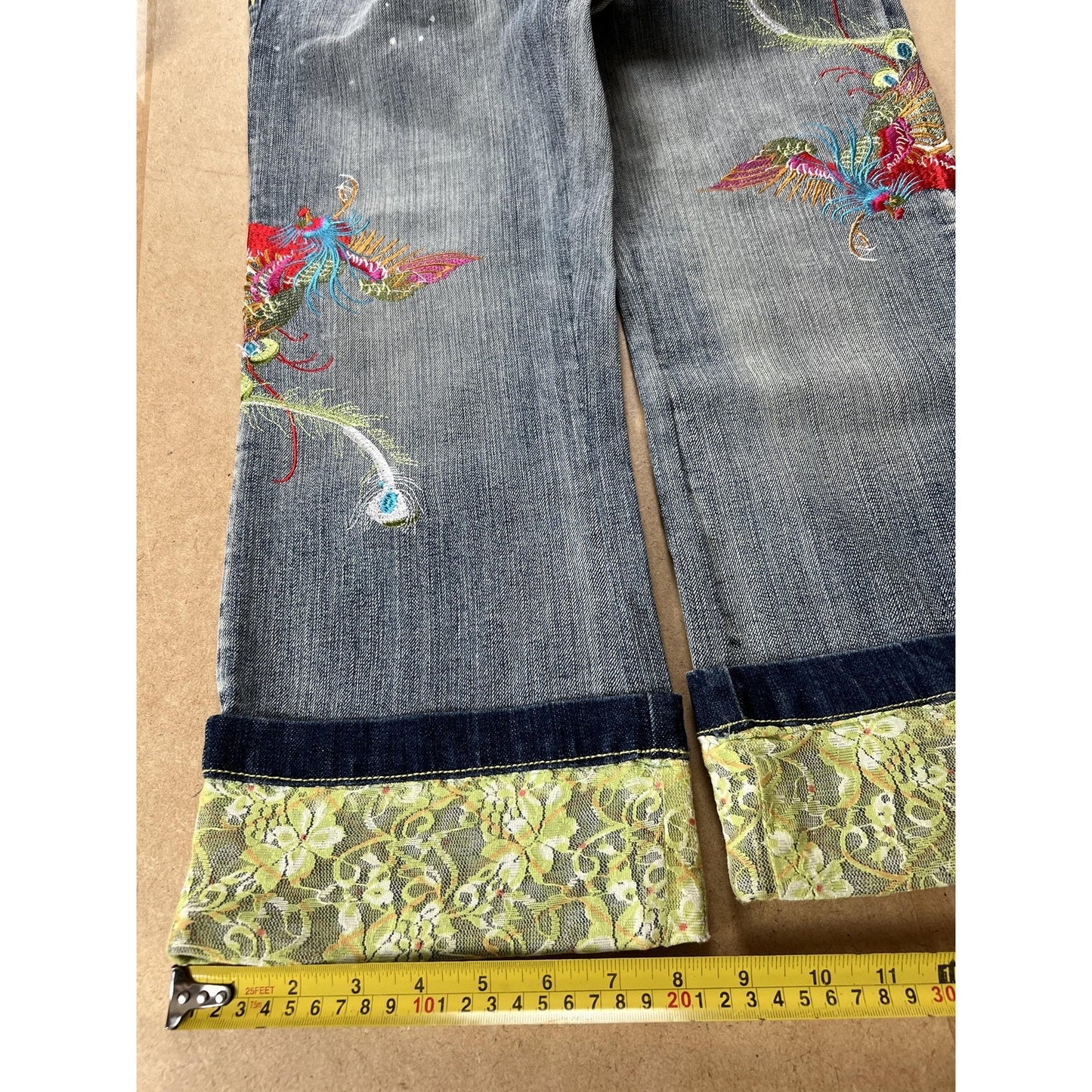 STVLE Pants Womens 6 Blue Cropped Denim Cotton Spandex Embroidered Lace Cuffed