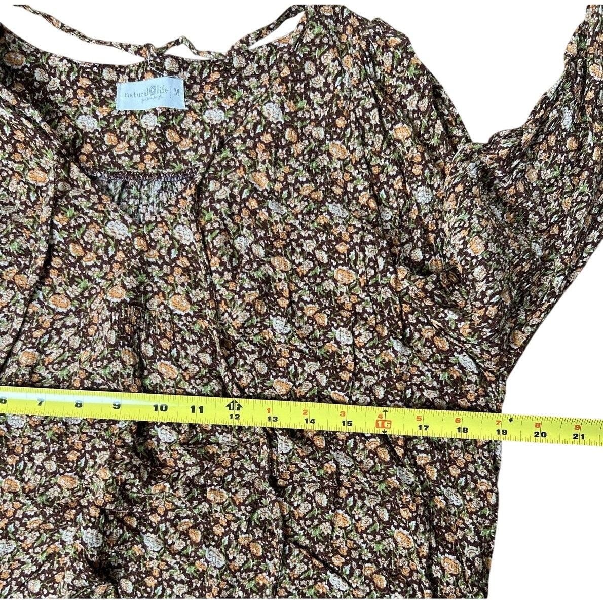 Natural Life Blouse Womens M Brown Tunic Floral Rayon Puff Sleeve Casual