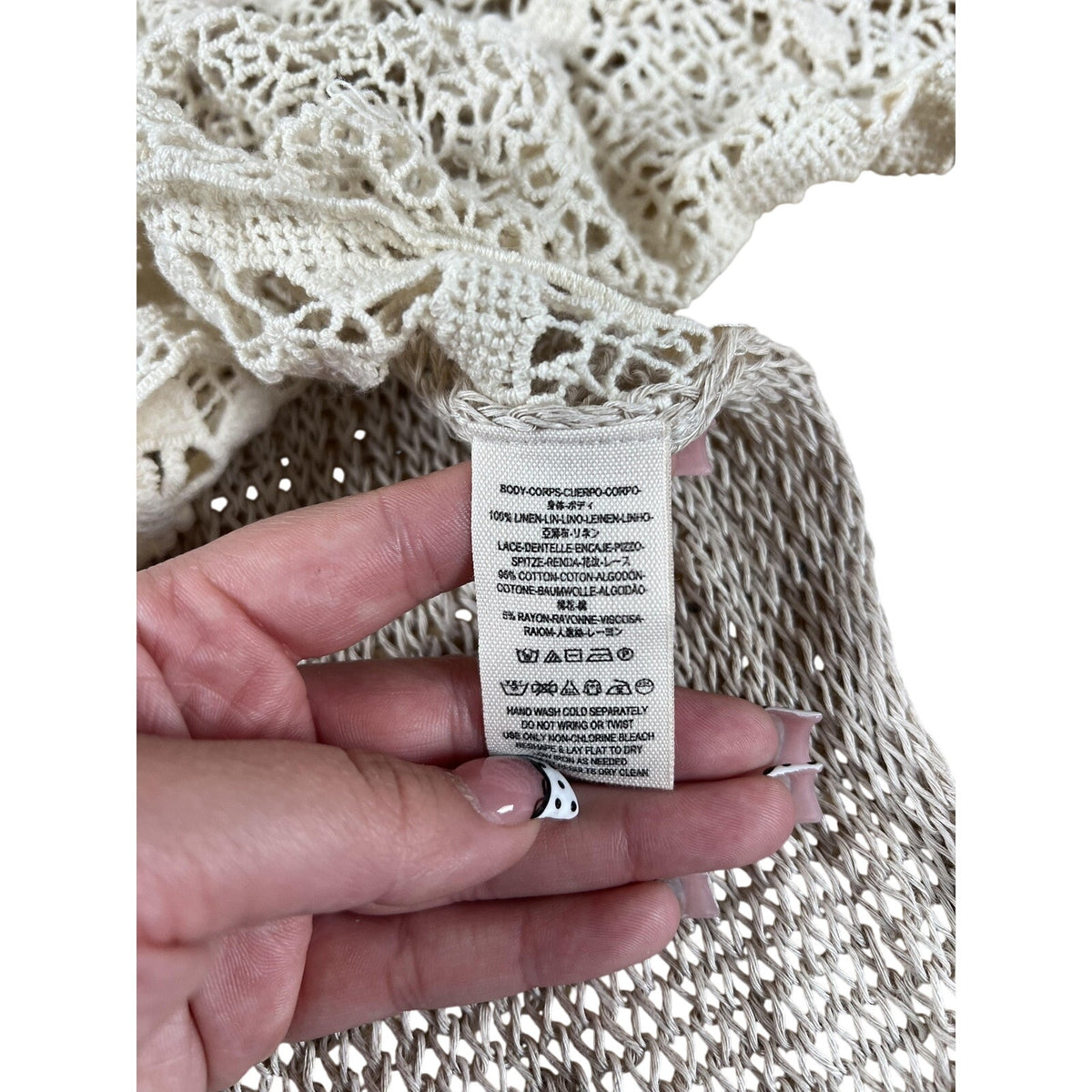 TRIPP Shirt Women's XS/S Beige Linen Lace Crochet Embellished Summer Beach