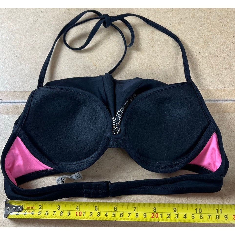PINK Bra Womens S Black Push Up Halter Bikini Top Padded Molded Rhinestone